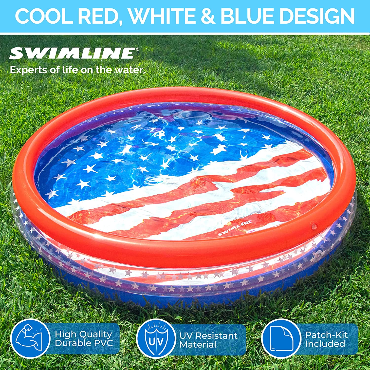 SWIMLINE Americana 3 Ring Kiddie Pool 60'' X 12'' | for Kids Toddlers Children Adults| Ball & Sand Pit Outdoor Indoor Garden Backyard Summer Fun | Blow up Thick Durable Inflatable Splash Pad Sprinkler image number 5