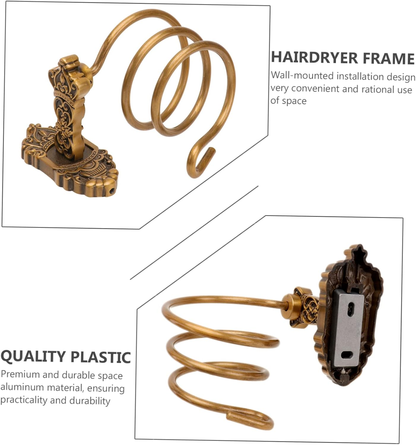 TOVINANNA Retro Space Aluminum Hair Dryer Holder European Style Wall-Mounted Hair Dryer Rack Vintage Crown Design for Bathroom Storage image number 6