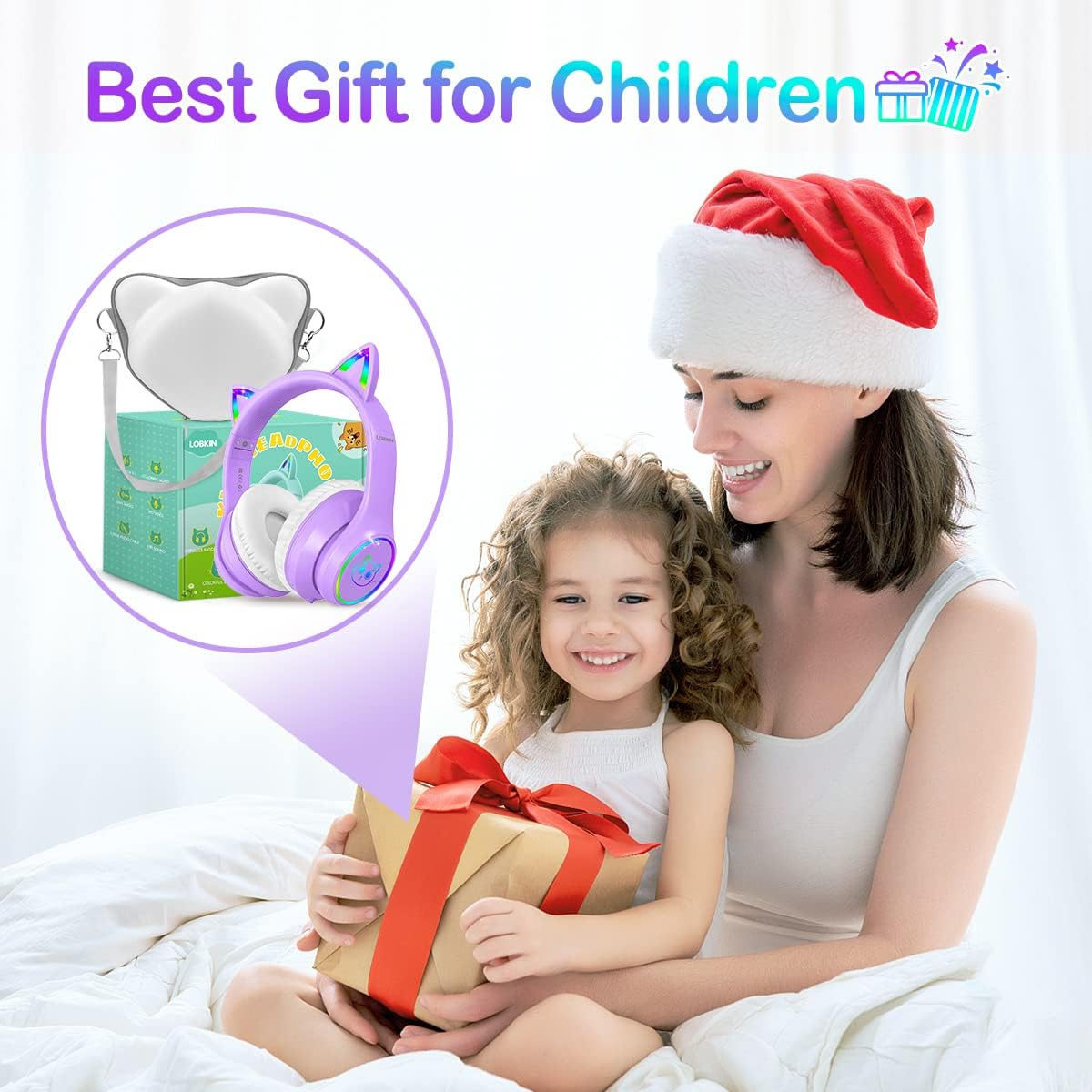 LOBKIN Bluetooth 5.4 Kids Headphones with Case - RGB LED Light up Cat Ears Foldable Adjustable On-Ear Headset Support Wireless or 3.5Mm Wired Mode for Toddler & Girls & Boys Teens (Purple)