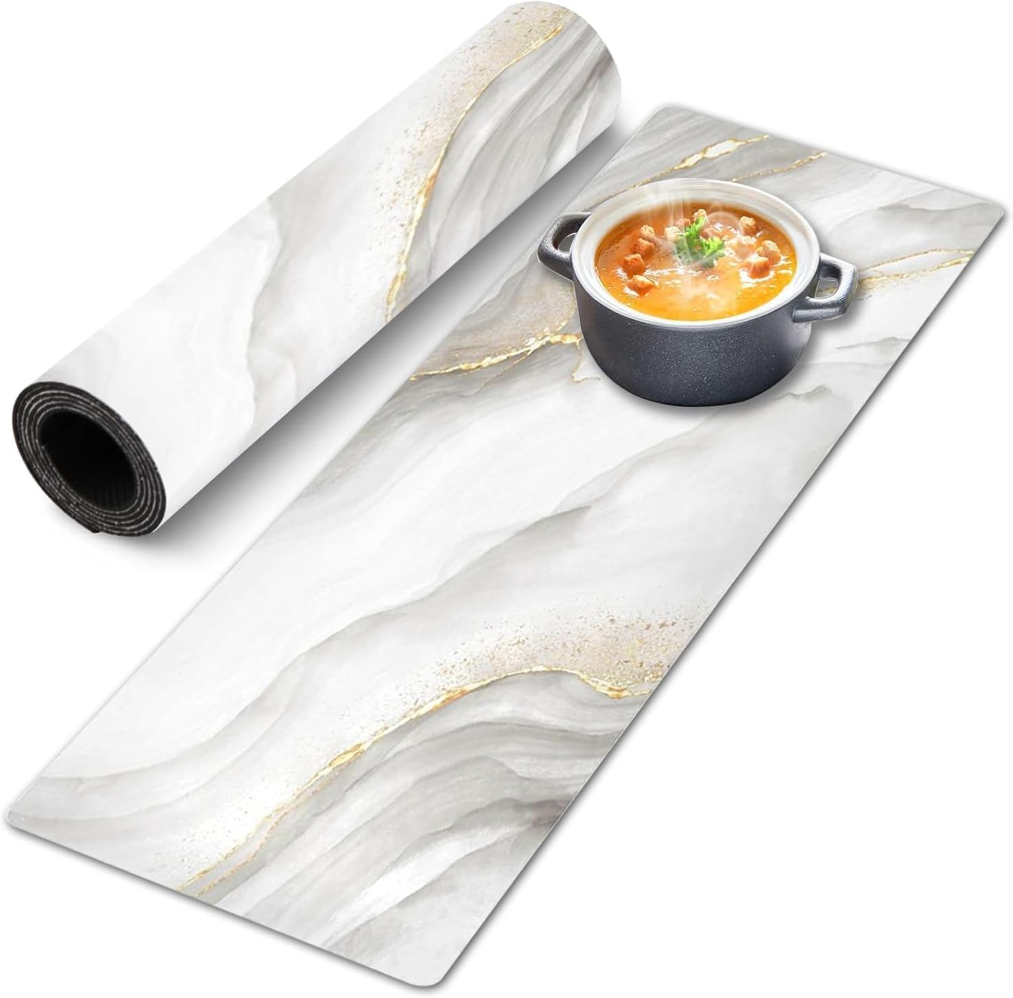 Thermo Heat Resistant Table Runner and Trivet for Hot Dishes - Waterproof Hot Plates to Protect Table and Countertop - Kitchen & Dining 350F Heat Protector 40" - White Golden Marble