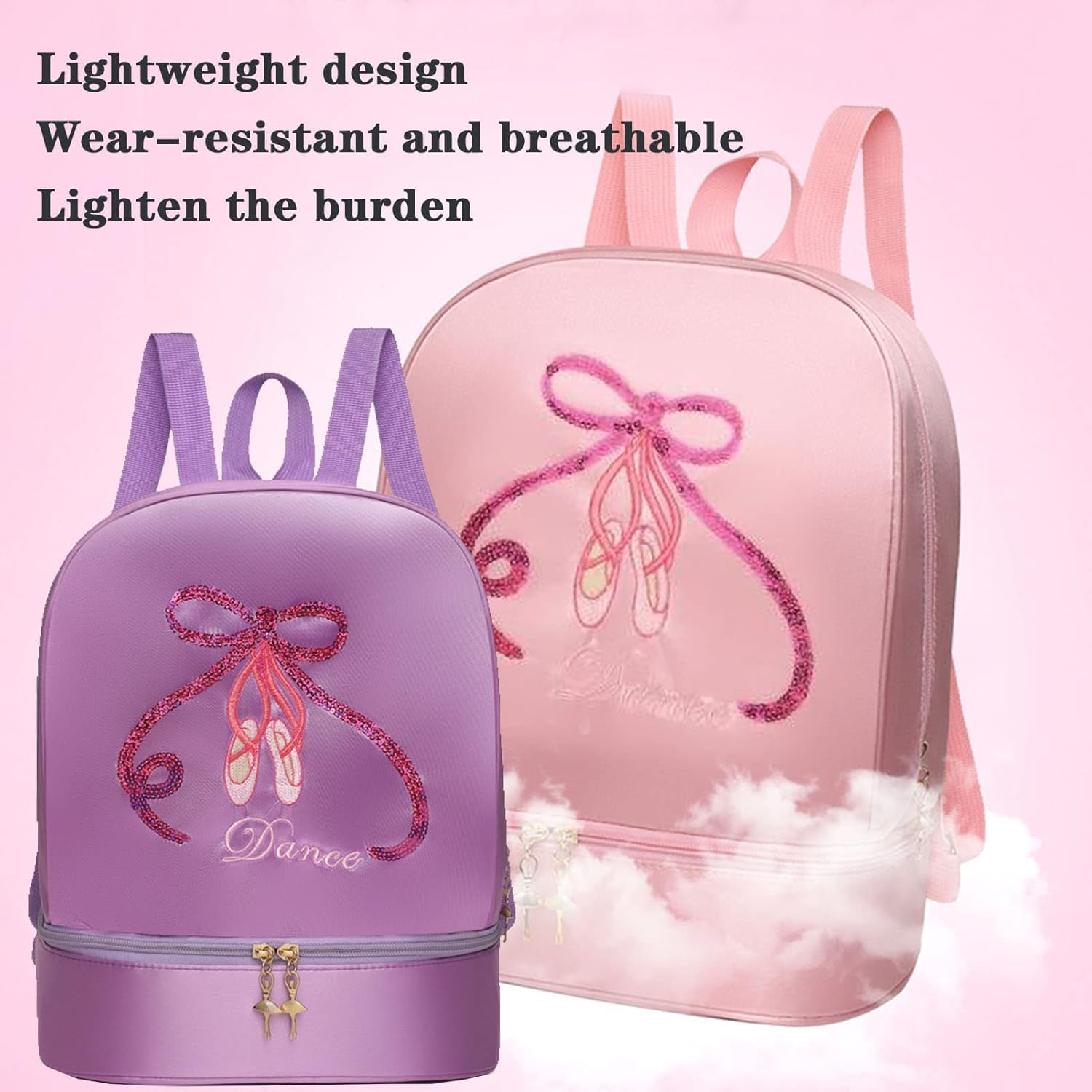 Ballet Dance Backpack with Separate Shoe Compartment,Little Girls Ballerina Bag Embroidery Dance Toddler Bag Storage Bag image number 3