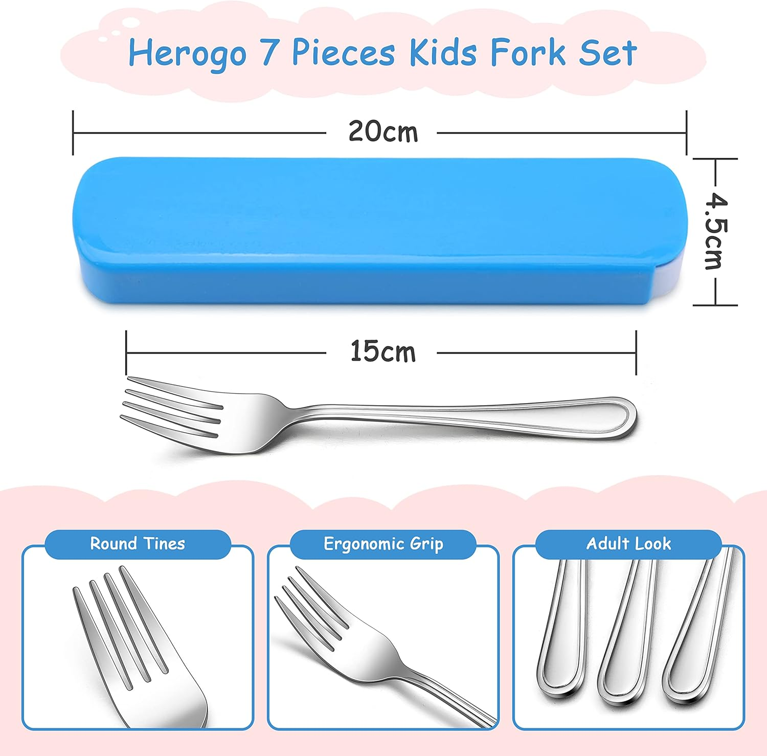 Herogo Toddler Fork Set, 7-Piece Stainless Steel Children Kids Forks Set with Blue Storage Case, Portable Kids Cutlery Set for Kindergarten, School, Travel, Barbecue, Child Friendly & Dishwasher Safe image number 1