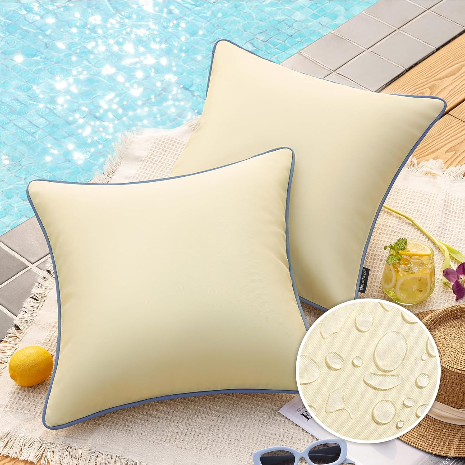 Phantoscope Pack of 2 Outdoor Waterproof Solid Throw Decorative Pillow Cover Decorative Square Outdoor Pillows Cushion Case Patio Pillows for Couch Tent Sunbrella, Blue 18X18 Inches 45X45 Cm