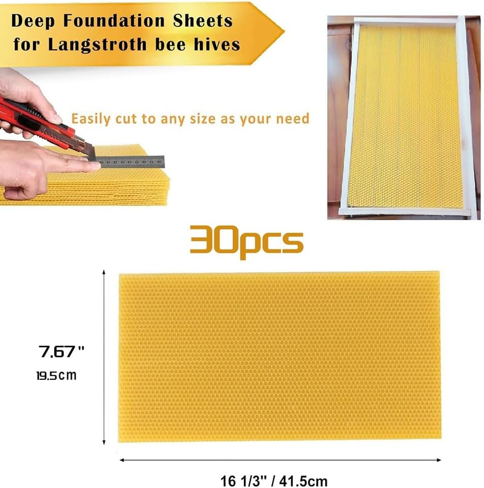 30Pcs Bee Hive Foundation Sheets, Deep Beeswax Foundation Sheets for Bee Frames Beekeeping Tool 41.5X19.5Cm image number 6