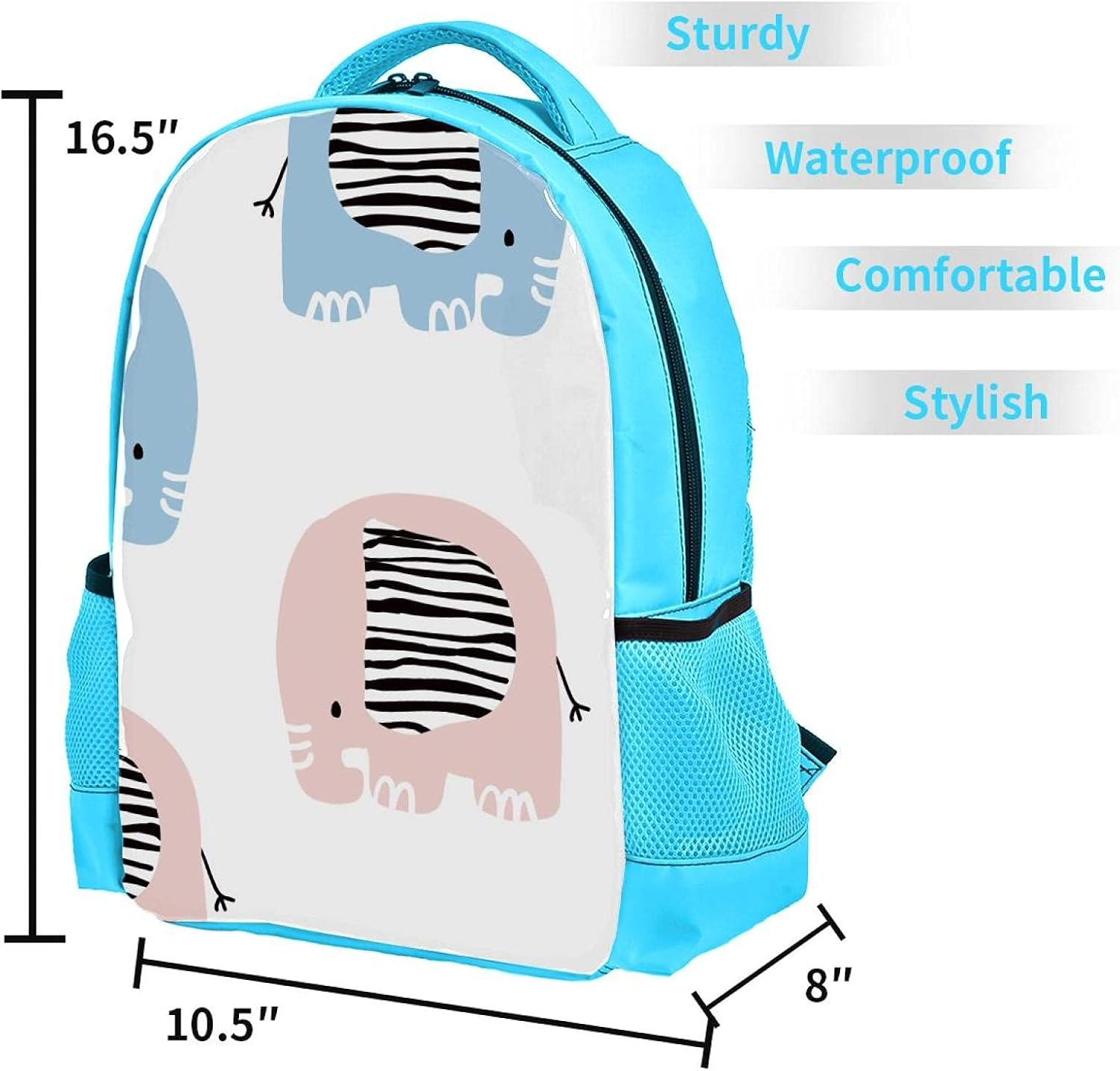 Blue Backpack Boy Bookbags Rucksack Men Travel Handbag Daypack Pink Blue Elephants Pattern Cartoon image number 2
