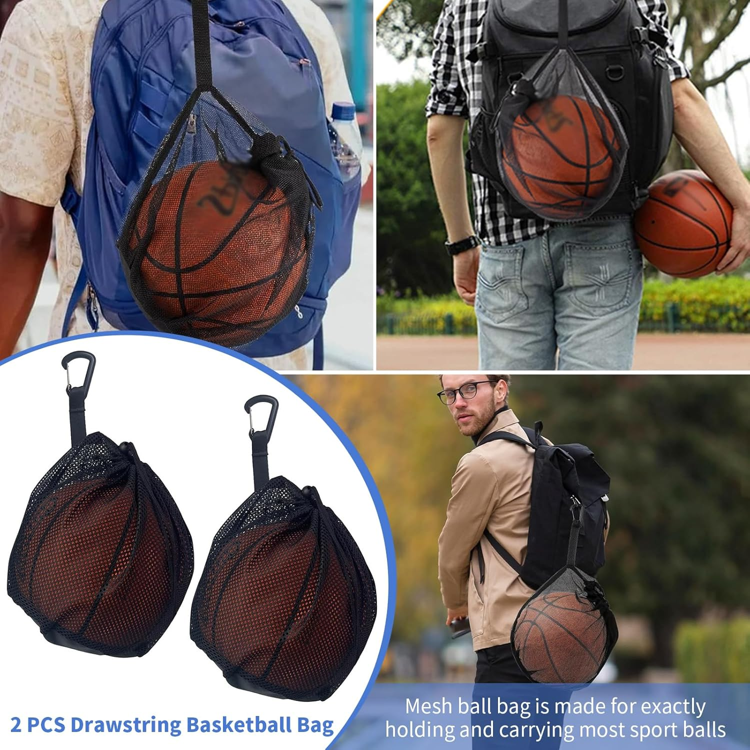 2 PCS Drawstring Basketball Bag, Basketball Football Volleyball Carry Bag, Clip on Ball Holder for Backpack, Basketball Storage Net Bag, Mesh Handbag Ball Bag for Basketball Football Volleyball image number 5