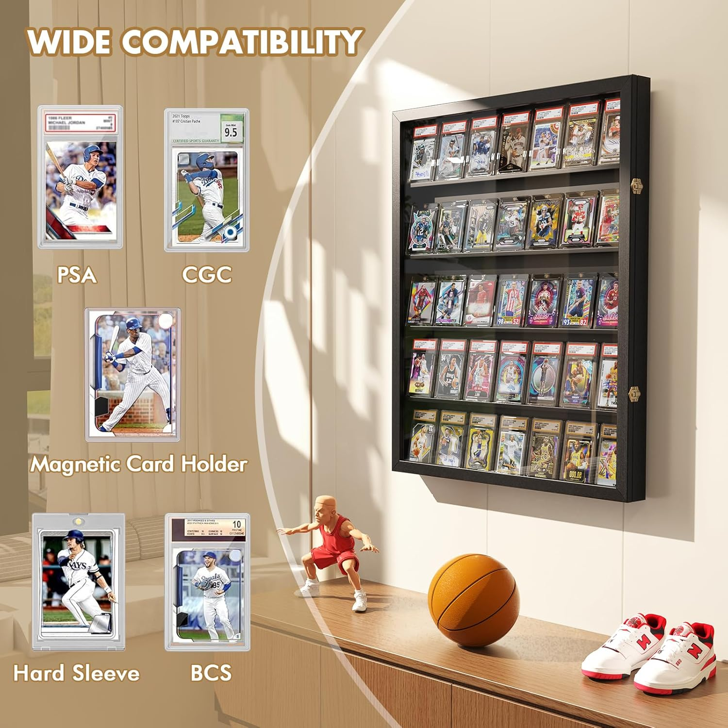 Baseball Card Display Case for 35 Graded Sports Cards Display, Large Clear View Trading Card Display Frame, Lockable Wall Cabinet for Basketball Football Hockey Trading Cards，Black image number 5