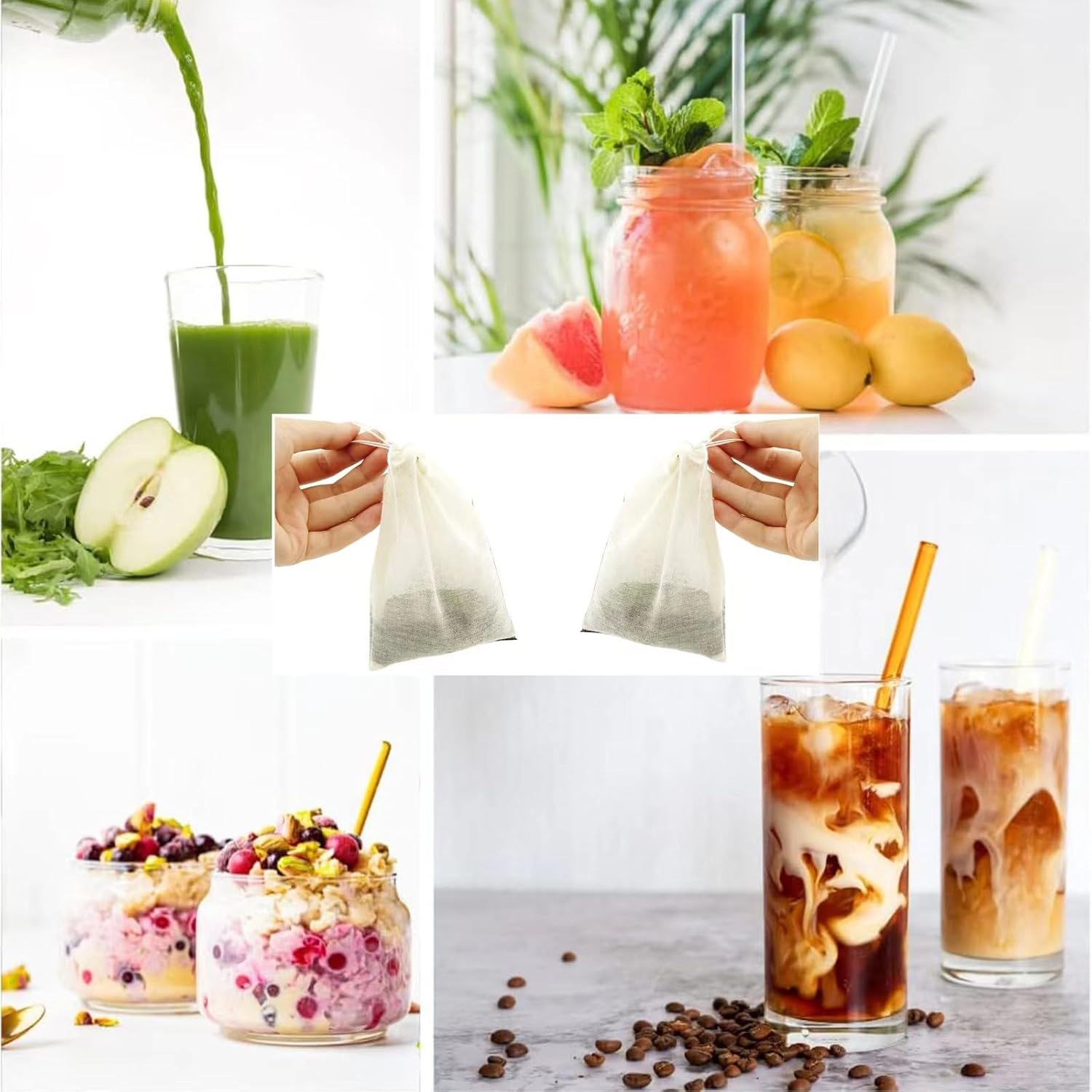 6Pcs Muslin Drawstring Bags,Natural Unbleached Cotton Straining Herbs Cheesecloth Bags,Reusable Cold Brew Coffee Cheese Cloths Strainer,Large Nut Milk Tea Juice Bag. image number 3