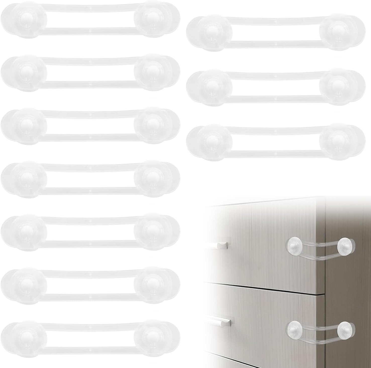 IONPSHG Child Locks for Cabinets and Drawers, 10Pcs Child Safety Locks, Baby Proof Cupboard Locks, Baby Proofing Latches to Drawer Door Fridge, No Drilling Adjustable Strap with 3M Adhesive Pads