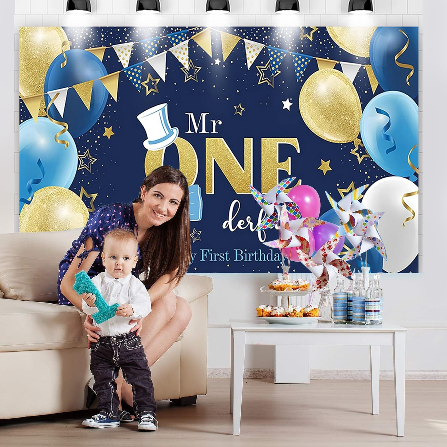 Boys 1St Birthday Party Decoration Large First Birthday Backdrop Banner, One Year Old Party Decor Photo Prop Blue Gold image number 3