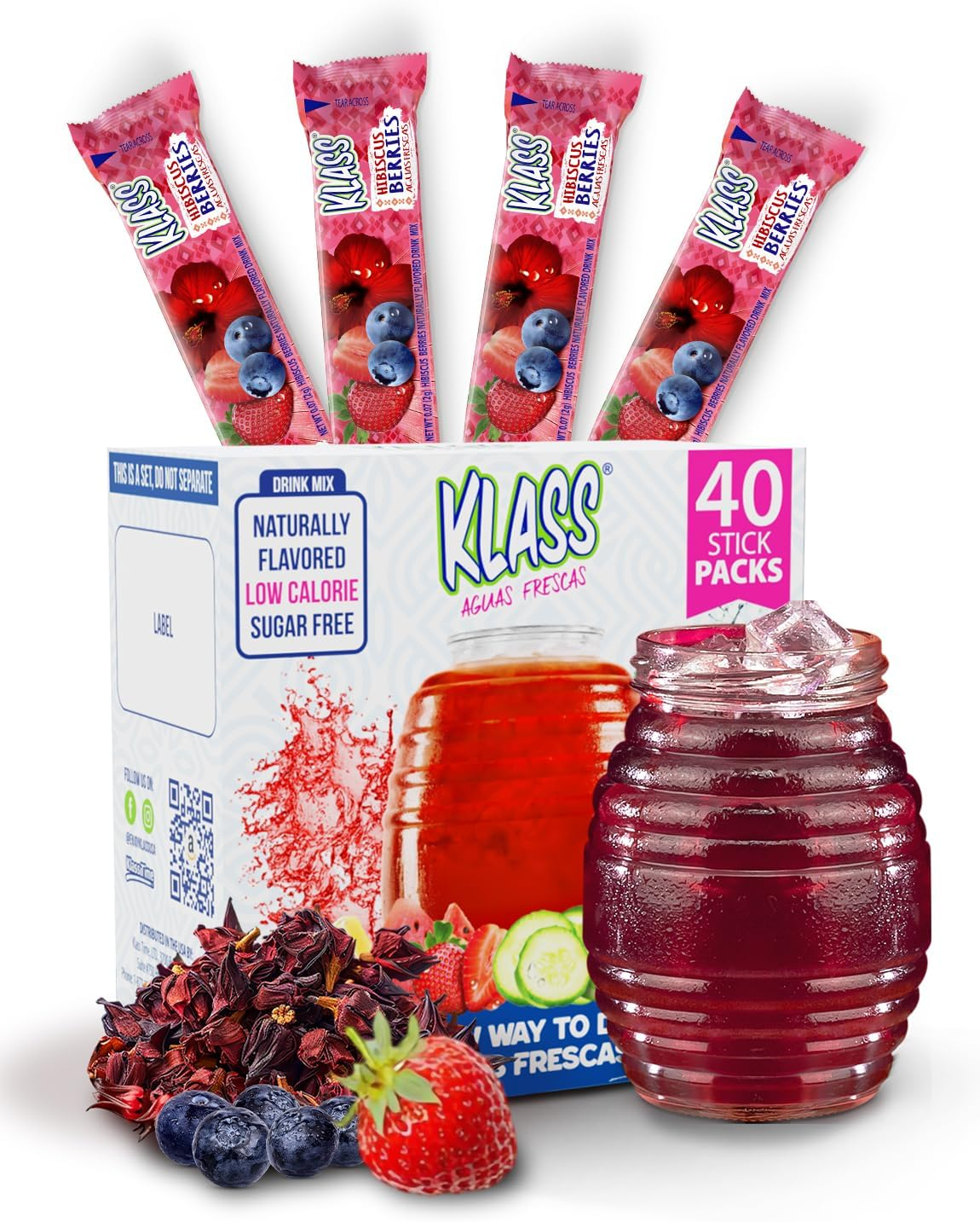 Klass Aguas Frescas Variety Pack - Cucumber Limeade, Strawberry Watermelon, Hibiscus Berries, Pineapple Tangerine (40 Total on the Go Packets) image number 3