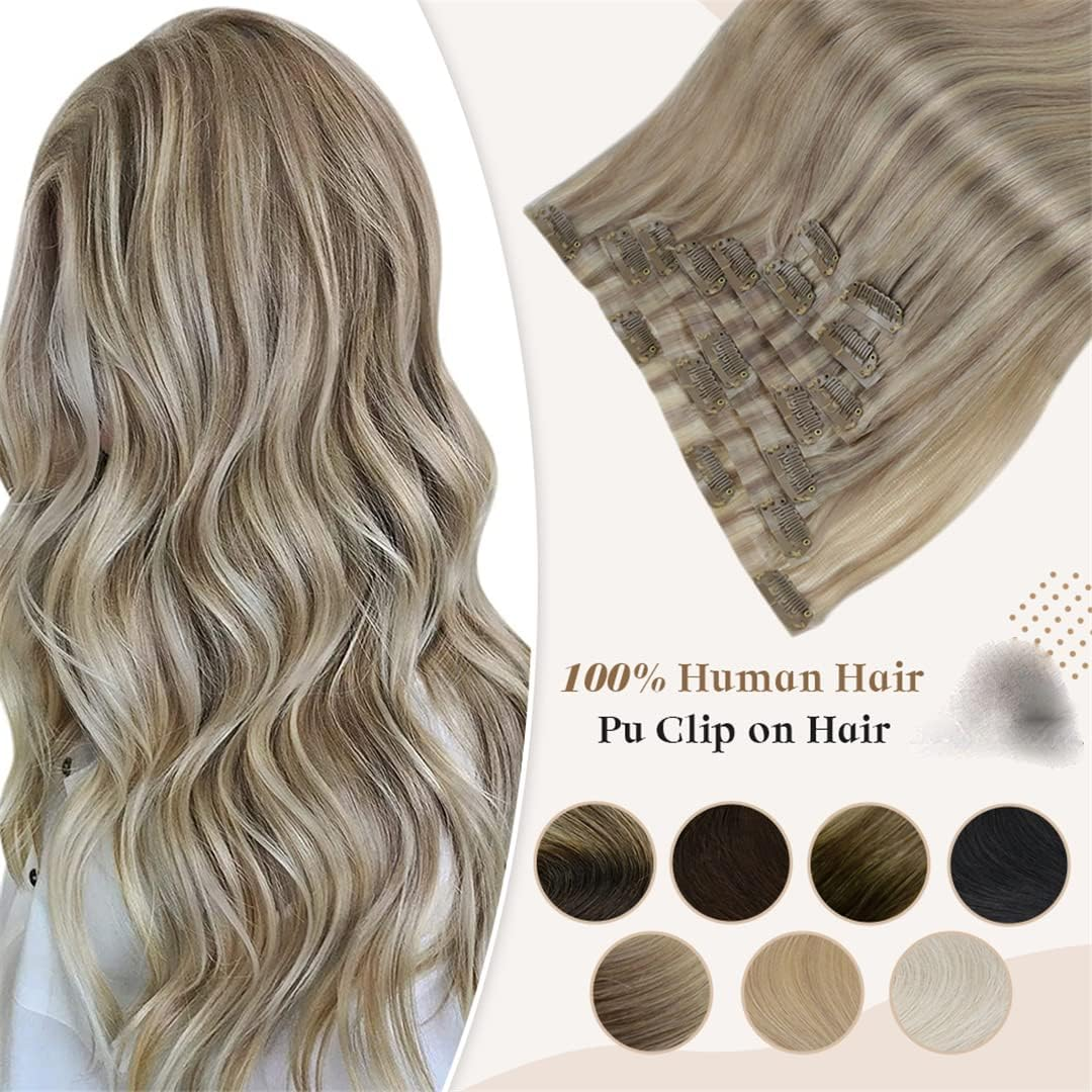 Pu Clip Hair Extensions Remy Human Hair 100G Seamless Invisible Clip in Extensions Human Hair Color Blonde Greyp60 16Inches 100G/Set image number 3