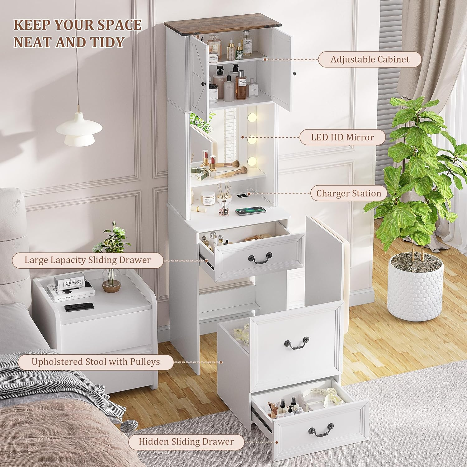 Dystler Vanity Desk with Mirror and Lights, Compact Makeup Table W/Storage Drawers & Shelves, Farmhouse Vanity Table with Hidden Chair for Bedroom, White Dressing Table for Women/Lady image number 2