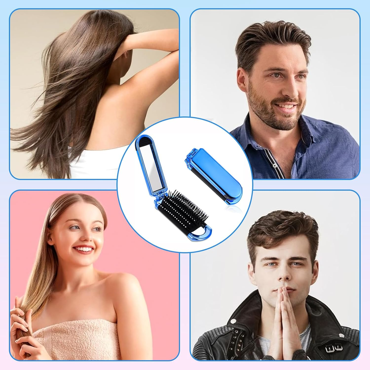 Mini Travel Hair Brush Small Foldable Compact Hair Brush with Mirror and Nylon Bristles Portable Comb for Gym Bag Purse Locker for Women and Men (Sky Blue, 1 Pcs) image number 3
