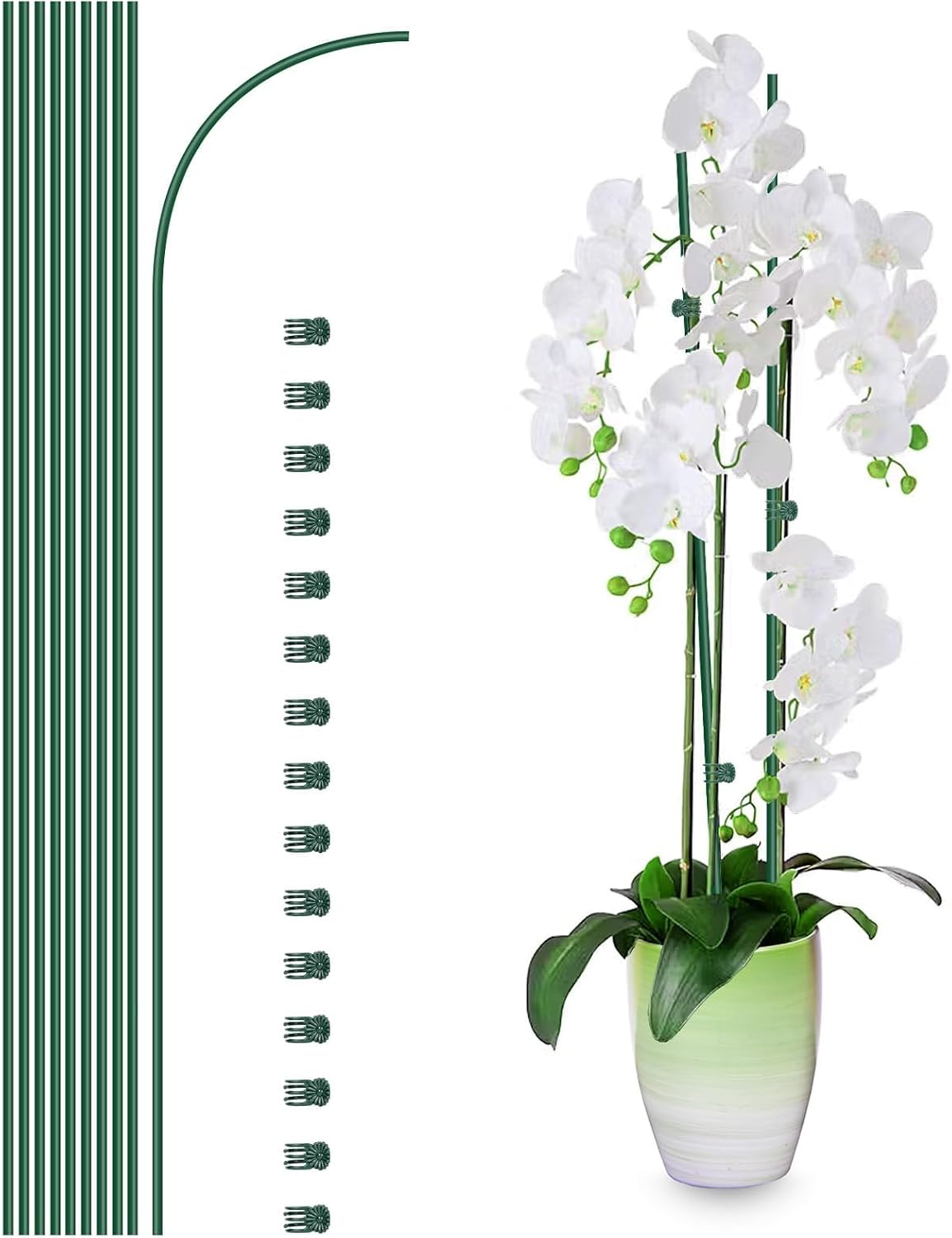 10Pcs Plant Support Stakes with 15 Pcs Clips, 16-Inch Tall Bendable Single Stem Flower Sticks for Indoor and Outdoor Plants, Orchid Clips (Green) image number 6