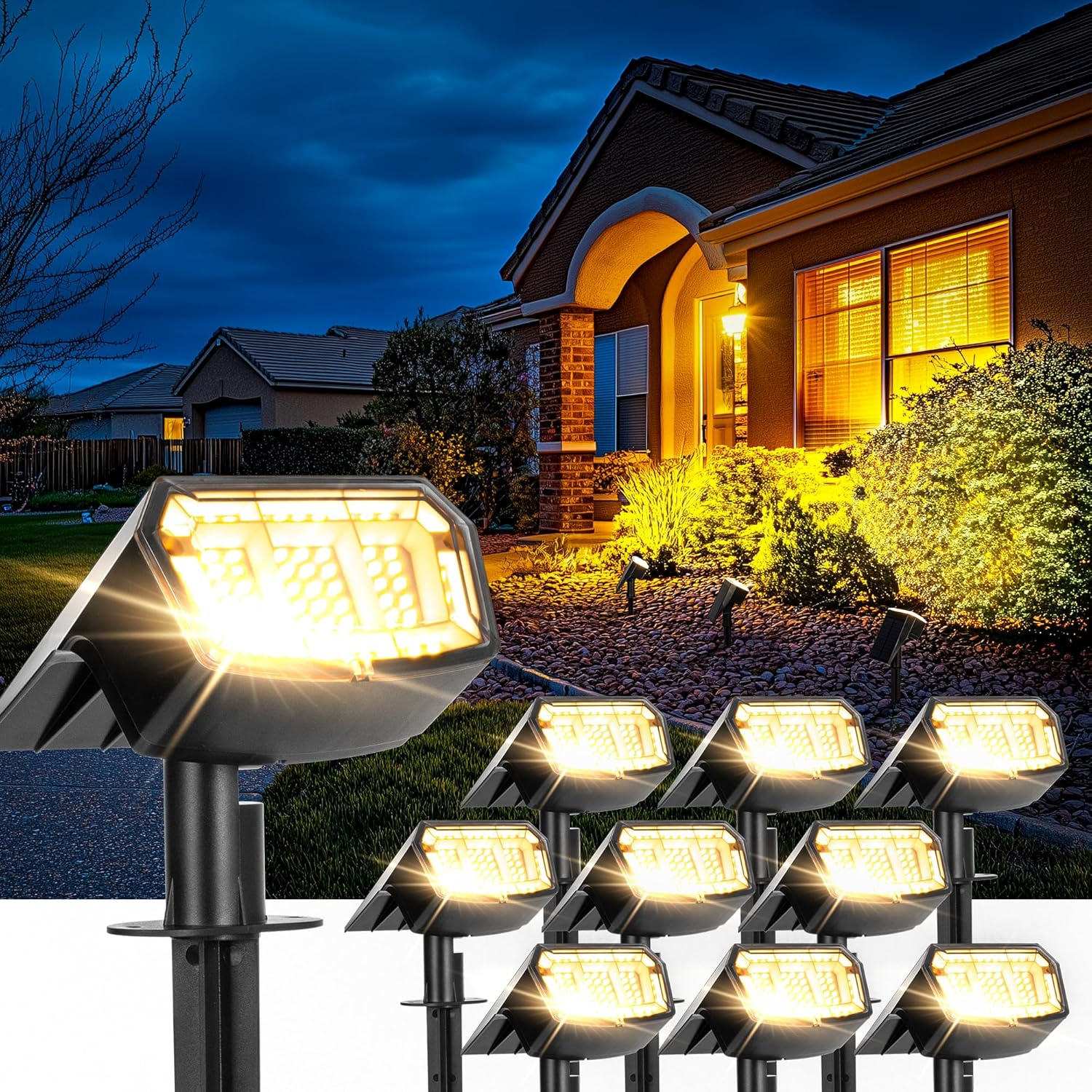 Solar Lights Outdoor Lighting IP65 Waterproof, 63LED Soalr Spotlights, 6 Pack Solar Powered Lights for Outside, Outdoor, Yard, Landscape Lights-Warm Light