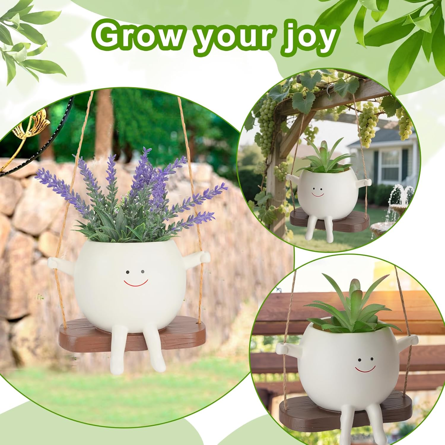 WRENYZK 2 Pcs Hanging Flower Pots, Resin Succulent Planter, Cute Swinging Planters, Funny Plant Holder with Hooks and Transplanting Tools, Suitable for Indoor and Outdoor Decoration image number 3