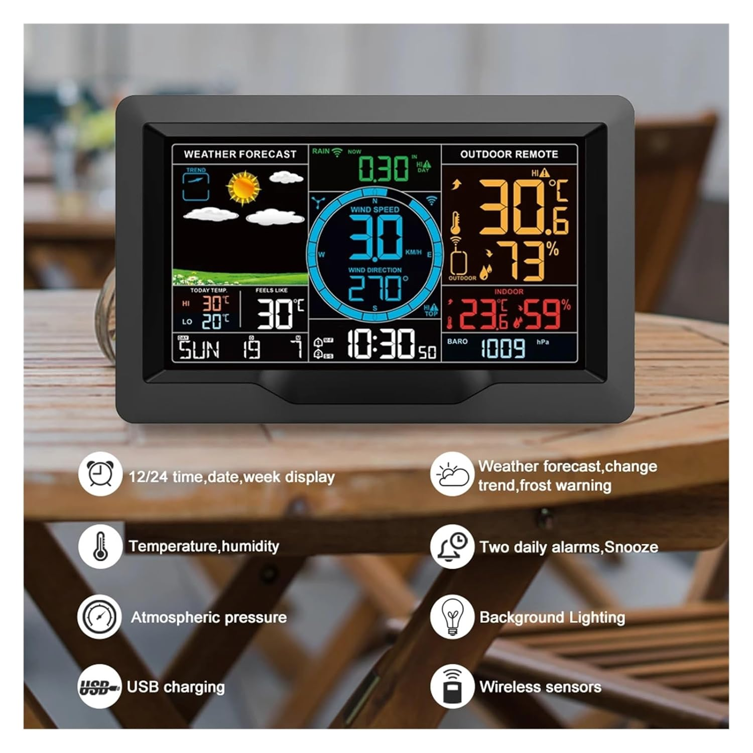 Professional Color Weather Station In/Outdoor Wireless Hygrometer Thermometer Rainfall Gauge Wind Speed Direction Forecast Clock image number 6