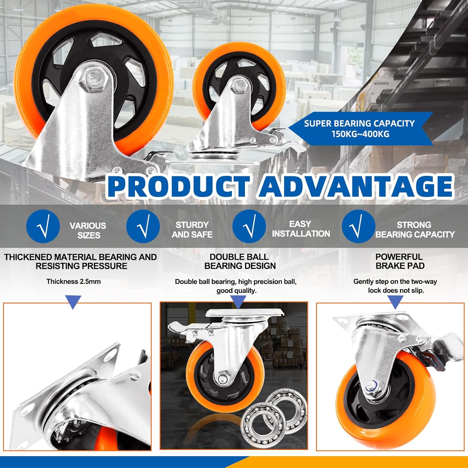 Glarks 53Pcs 3/2 Inch Heavy Duty Casters, Lockable Bearing Caster Wheels Safety Dual Locking Casters with Brake, Swivel Casters Polyurethane No Noise Wheels for Furniture and Workbench image number 1