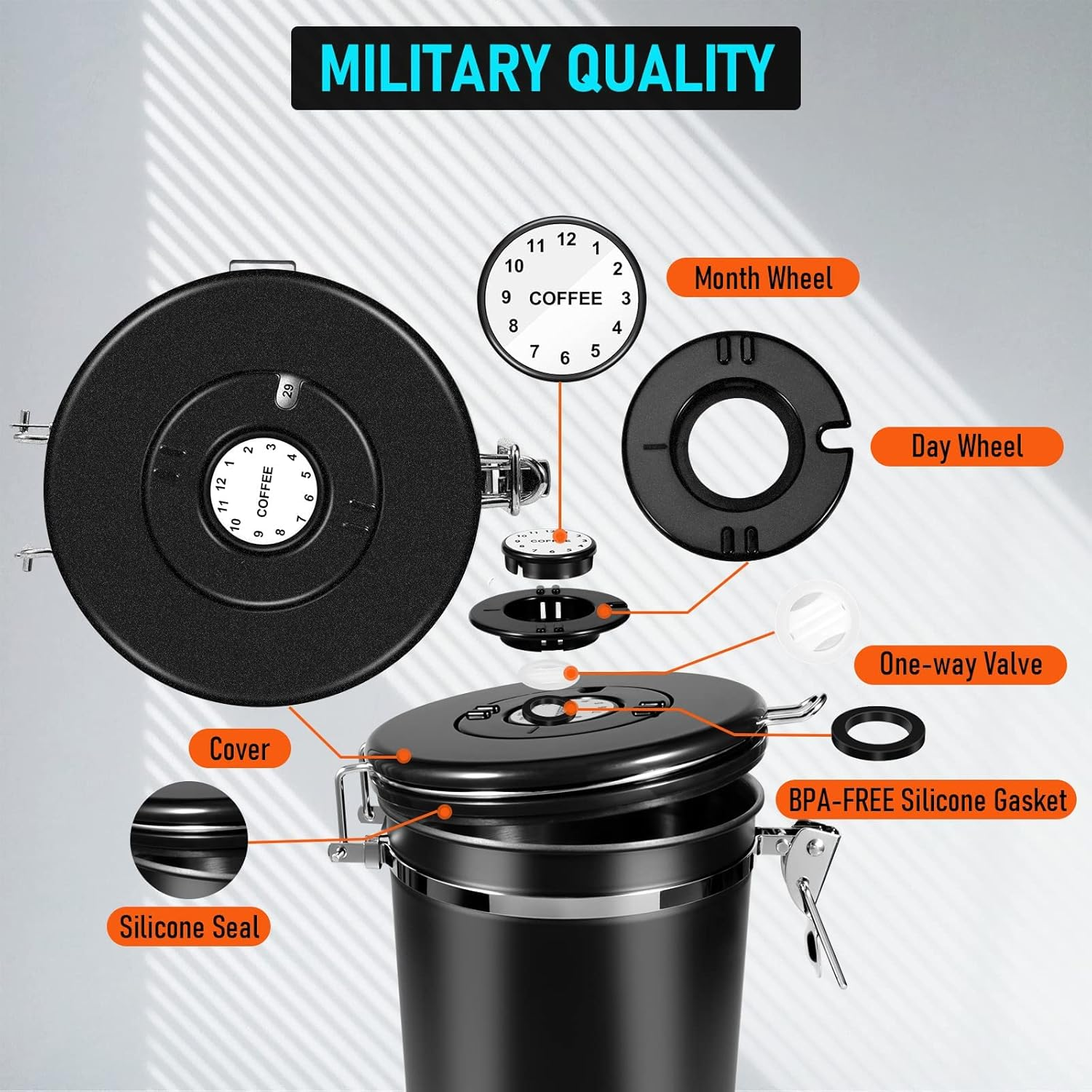 1.8L Airtight Coffee Canister, Stainless Steel Coffee Jar with Measuring Scoop, Date Tracker and 2 CO2 Release Valve, Coffee Container for Beans, Ground, Tea, Flour and Sugar Black image number 3