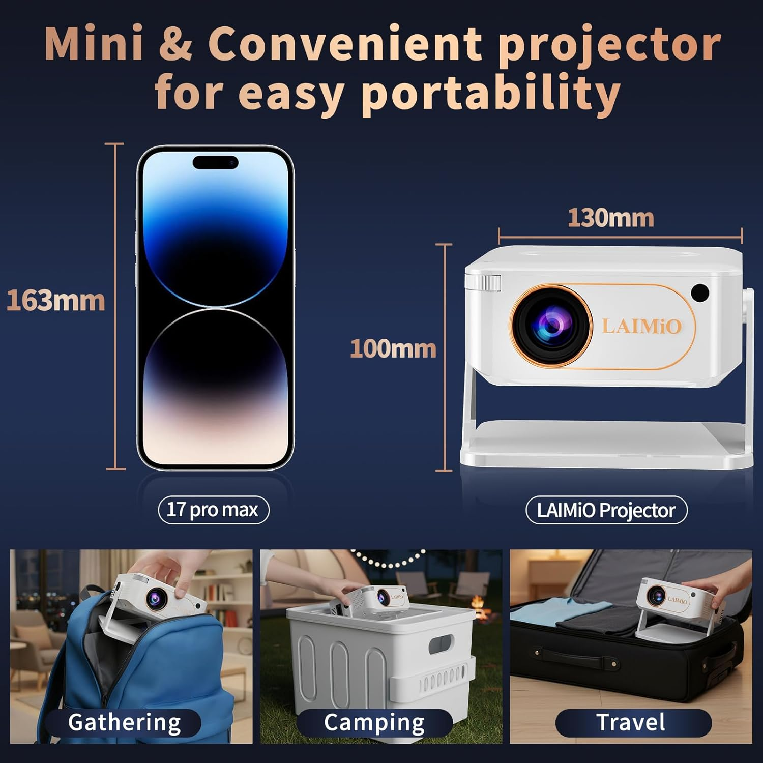Laimio 1080P & 4K Supported Projector with Projector Screen, Auto Keystone Correction & 360&deg; Rotation, Wifi6 & BT5.4 Portable Mini Projector for Home Cinema, Outdoor Movie and Room Entertainment-White - Black image number 2