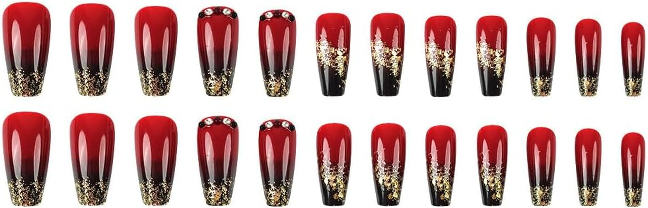 ＴＩＺＹＦＦ Press on Nails, Gold Glitter Black and Red Gradient Fake Nails, Artificial Nails for Women and Girls -24 Pcs image number 5