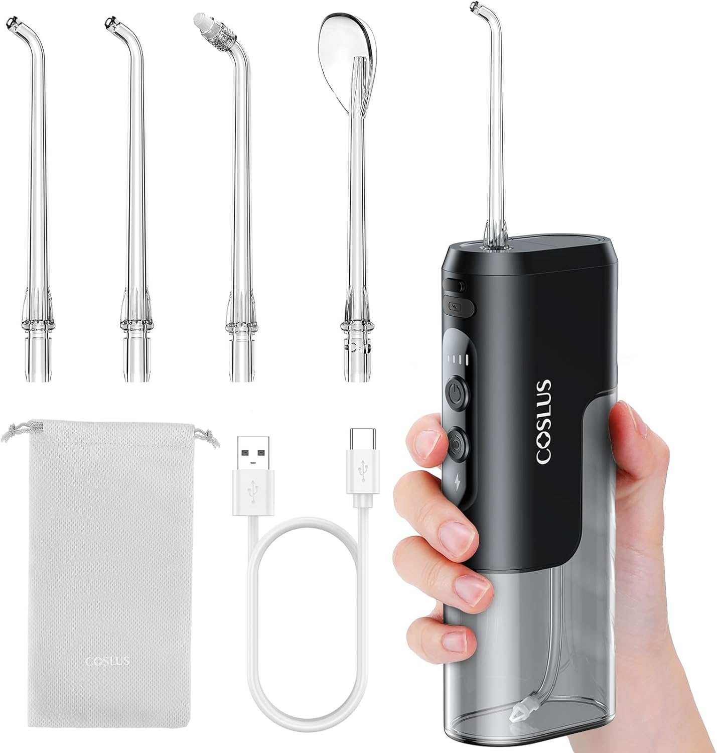 COSLUS Mini Water Flosser for Travel: Cordless & Portable, IPX7 Waterproof, Plaque Removal, Ergonomic Design, Lightweight with Jet Tips & Travel Case, Black, T40 image number 2