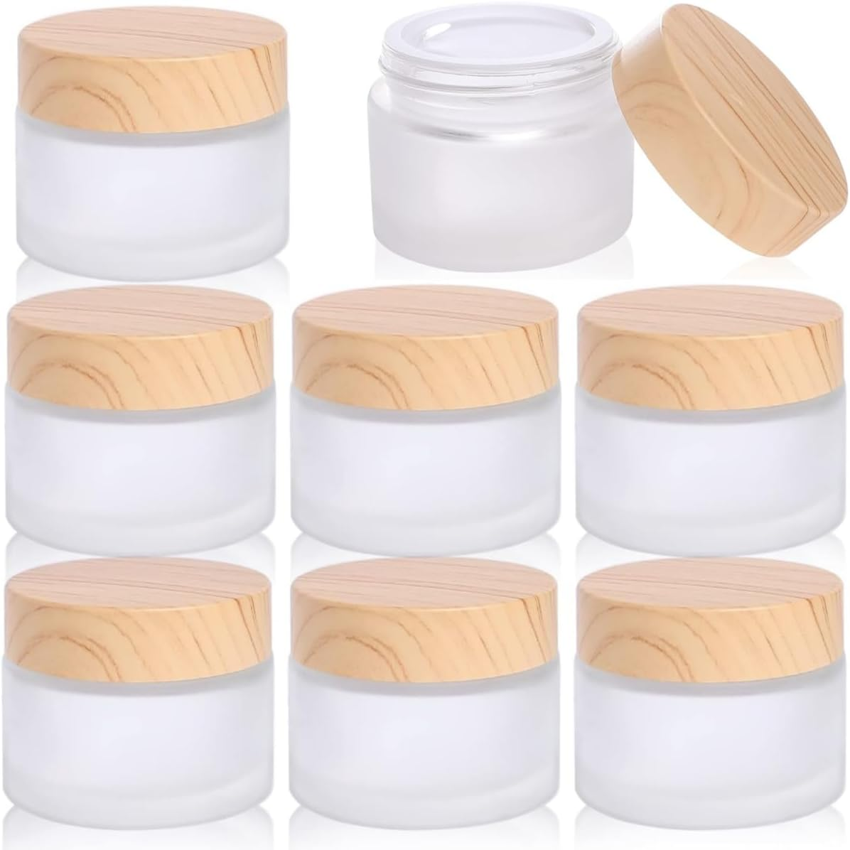 9PCS Glass Bottles, Glass Cosmetic Container with Lid, Refillable Matte Cosmetic Cream Jar round Small Wood Grain Lid, for Makeup, Lip Scrub, Body Lotion, Eye Cream Sample Diy(10G/Ml)