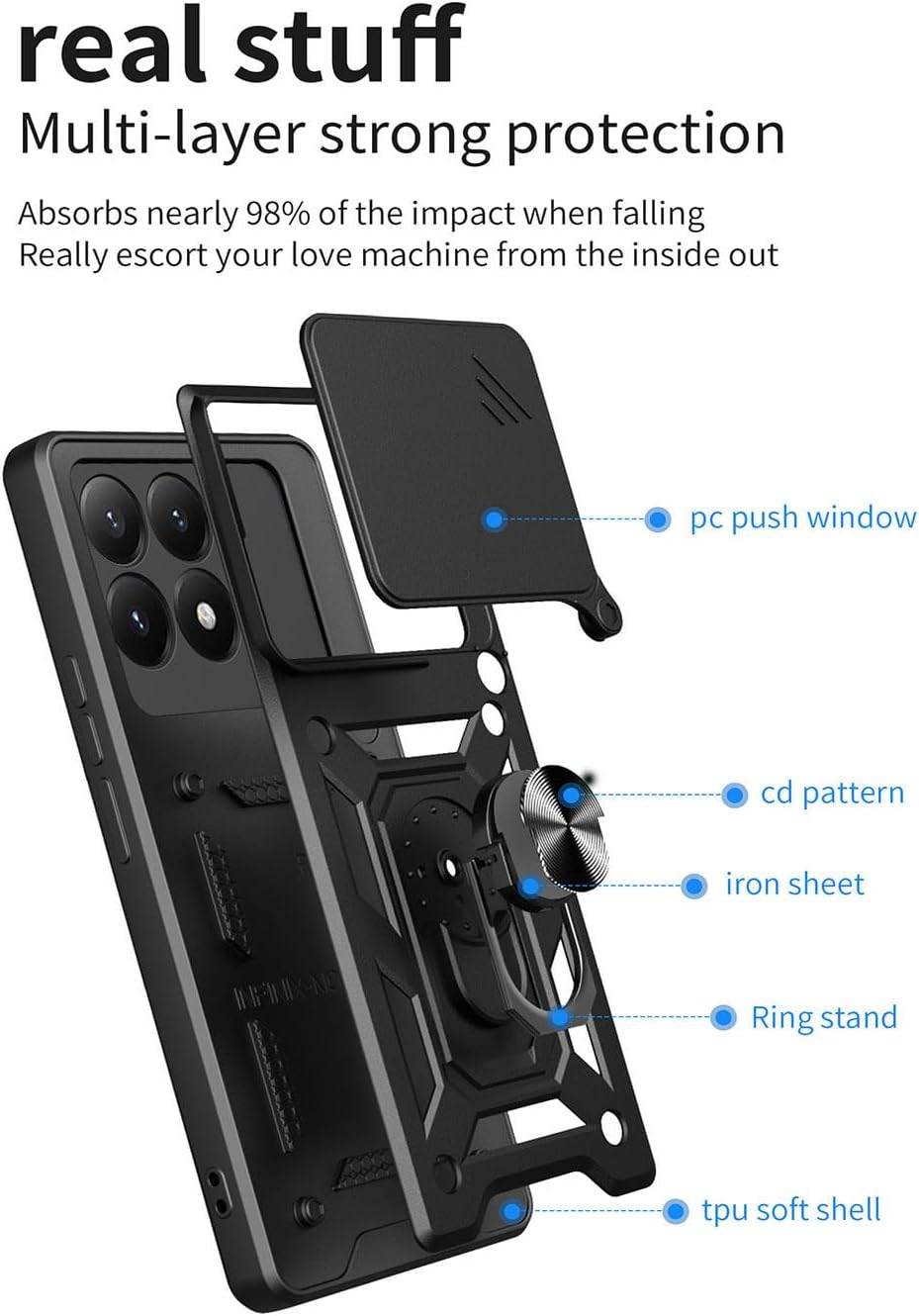 Case for Xiaomi 15T 5G, Slim Shockproof Armour Mobile Phone Case with Sliding Camera Cover and Magnetic Ring Stand, PC + TPU Durable Protective Case, Blue - Blue image number 4