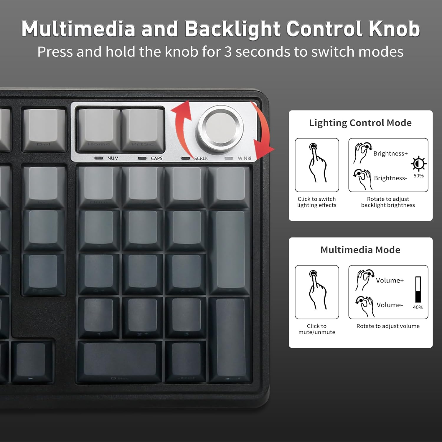 HUO JI Wireless Mechanical Gaming Keyboard with Knob, Bluetooth 5.0/2.4Ghz/Usb-C Wired, Hot Swappable Red Switches, Anti-Ghosting, Led Backlit Sidelit, 96% Computer Keyboard for PC Gamer (Grey) image number 5