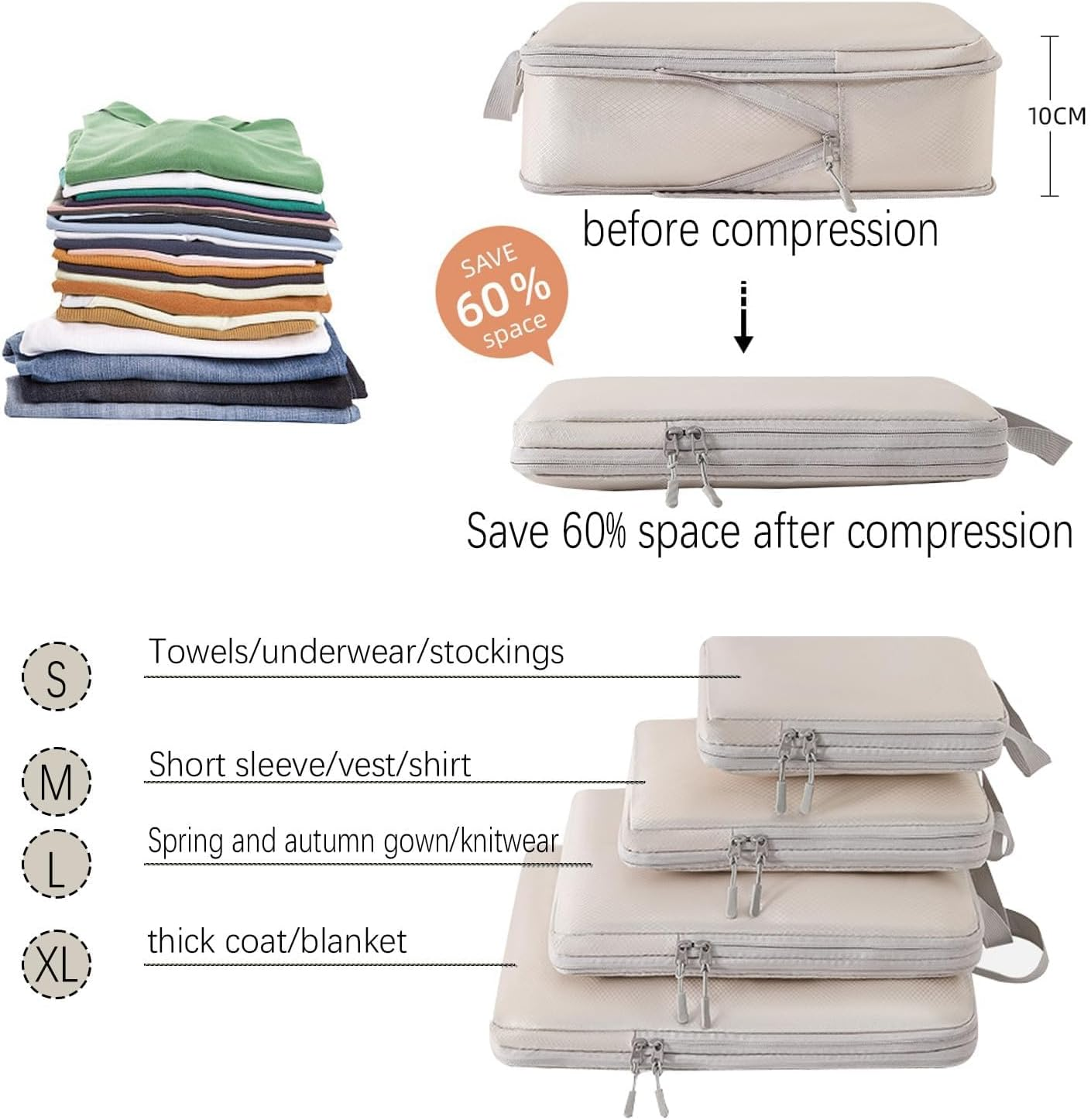Ottsas Compression Packing Cubes 8 Set Travel Luggage Packing Organizers Set (Ivory, Compression Packing Cubes) image number 3