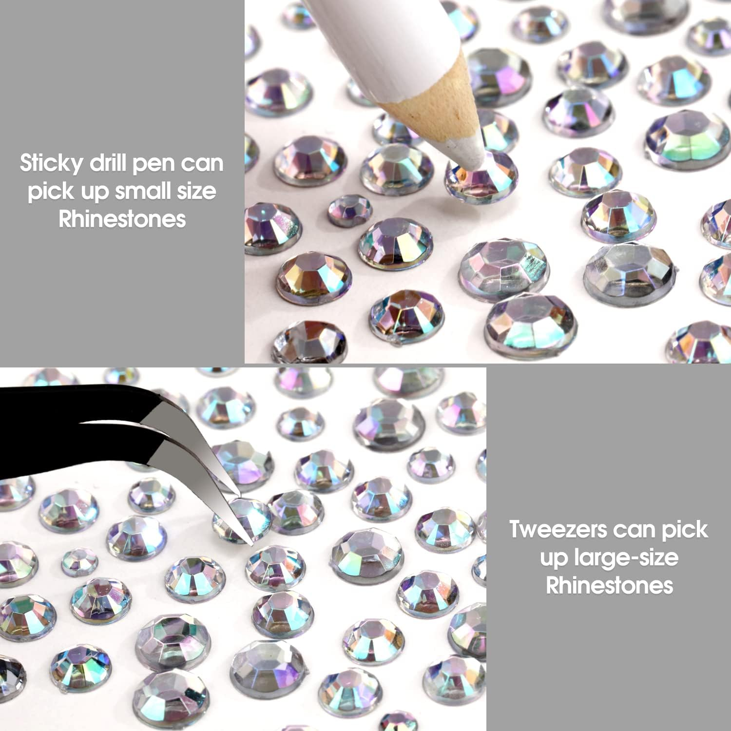 5320 Pieces Flat Back Gems round Crystal Rhinestones 6 Sizes (1.5-6 Mm) with Pick up Tweezer and Rhinestones Picking Pen for Crafts Nail Face Art Clothes Shoes Bags DIY (Black Ab+Clear AB)