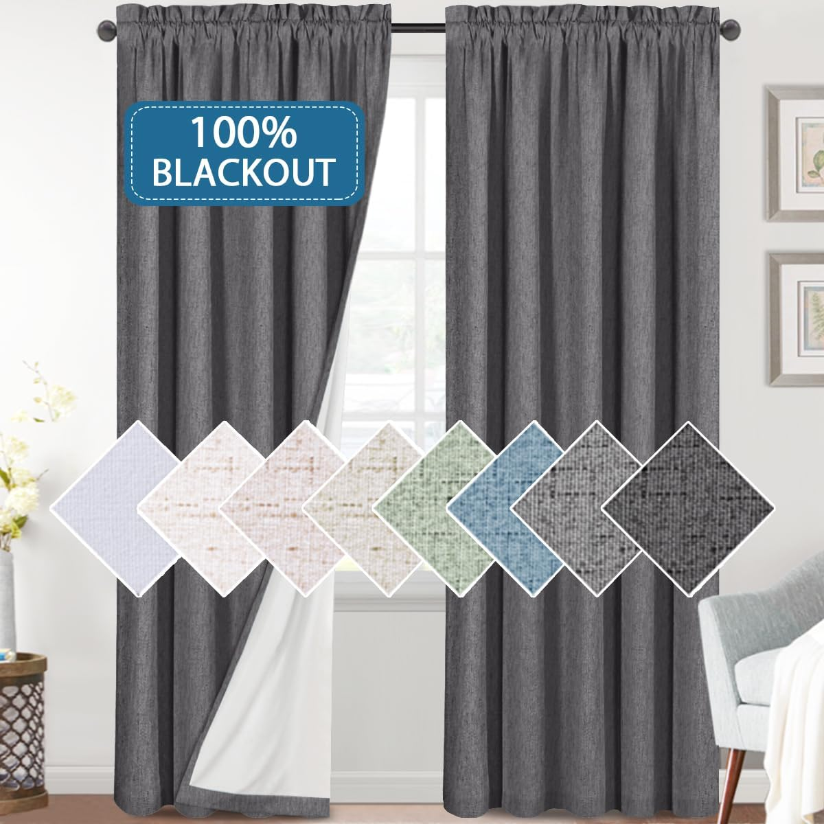 H.VERSAILTEX Linen Look 100% Blackout Curtains for Bedroom Full Light Blocking Rod Pocket Linen Textured Thick Window Curtain Drapes with White Backing, 2 Panels Set, Each W132Cm X D213Cm, Pure White