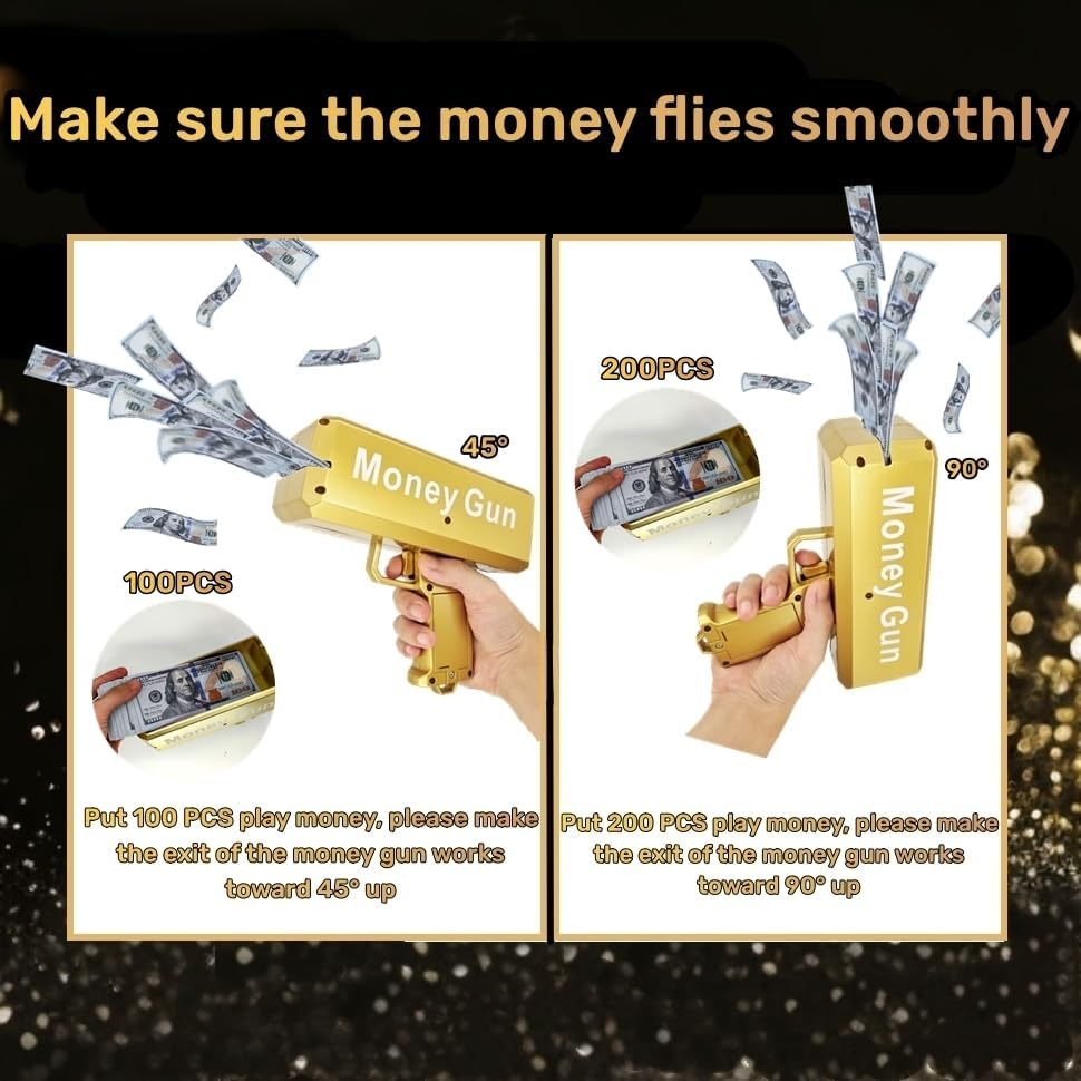 Super Money Gun Shooter,Make It Rain Cash Guns Prop Bill Dispenser Moneys Shooter with 100 Pcs Prop Money (Gold) image number 2