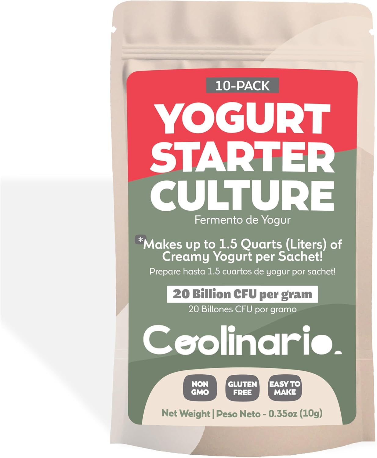 Coolinario Yogurt Starter Culture (10-Pack, 1G Sachets) Live Cultures for Homemade Yogurt | Creamy, Thick & Delicious | Regular or Greek Yogurt | Non-Gmo, No Preservatives, Gluten Free, Halal & Kosher