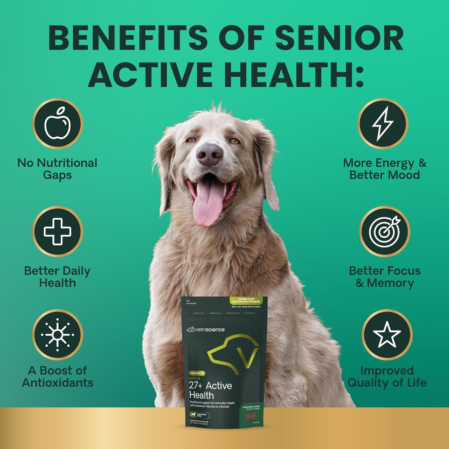 Vetriscience Senior 27+ Active Health Chews, Canine plus Daily Multivitamin for Senior Dogs, Balanced Vitamins, Minerals and Antioxidants, Healthy Aging and Wellness Support, Veggie, 60 Count image number 3