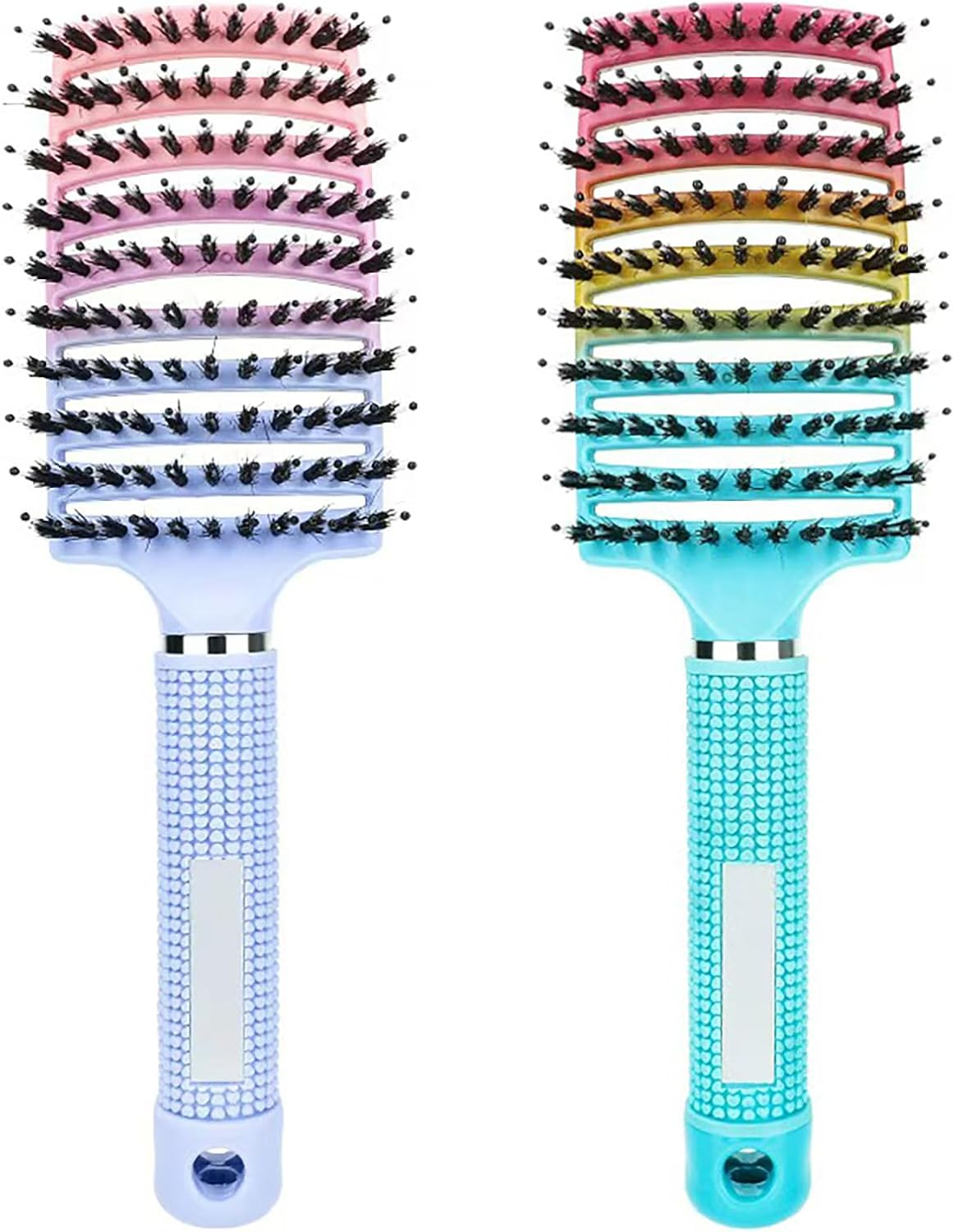 2Pcs Boar Bristle Hair Brush, Wet & Dry Hair Brushes, Curved and Vented for Wet and Dry Detangling Hair Brush, Detangling Long Curly Thick Hair for Women, Men & Kids (B)