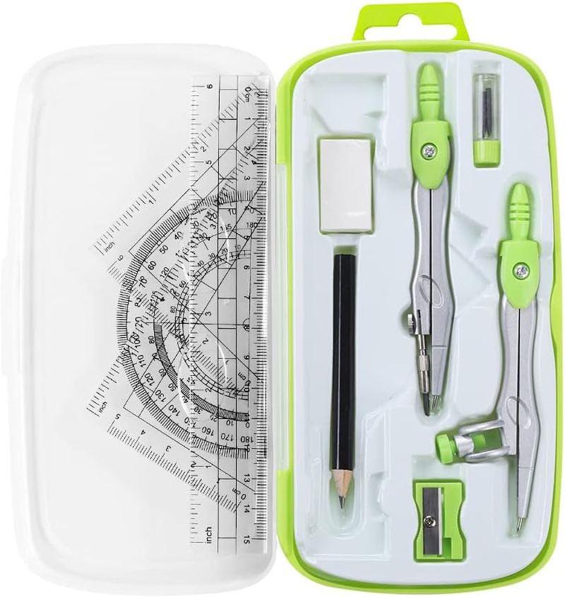 Math Geometry Kit Sets 10 Piece Student Supplies with Shatterproof Storage Box,Includes Rulers,Protractor,Compass,Eraser,Pencil Sharpener,Lead Refills,Pencil,For Drafting and Drawings（Black）