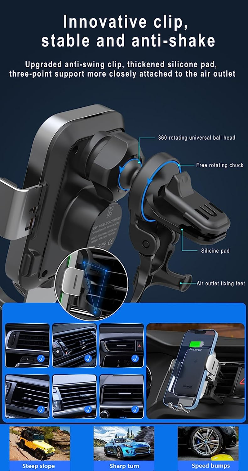 2025 Upgraded Dual Coil Wireless Car Charger Qi 15W Fast Charging Vent Mount Phone Holder Smart Sensor Auto Alignment Auto Clamping for Iphone 15/14/13/12, Samsung Galaxy Z Flip 4/3 S23 22 (X3) (X3) image number 3