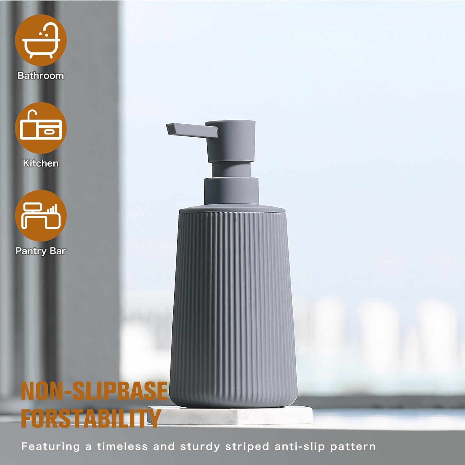 Grey Soap Dispenser, Small Hand Soap Dispenser for Bathroom, Refillable Dish Soap Dispenser for Kitchen Countertop, Modern Striped Liquid Soap Dispenser with Pump (Grey, Liquid) - Beige image number 3