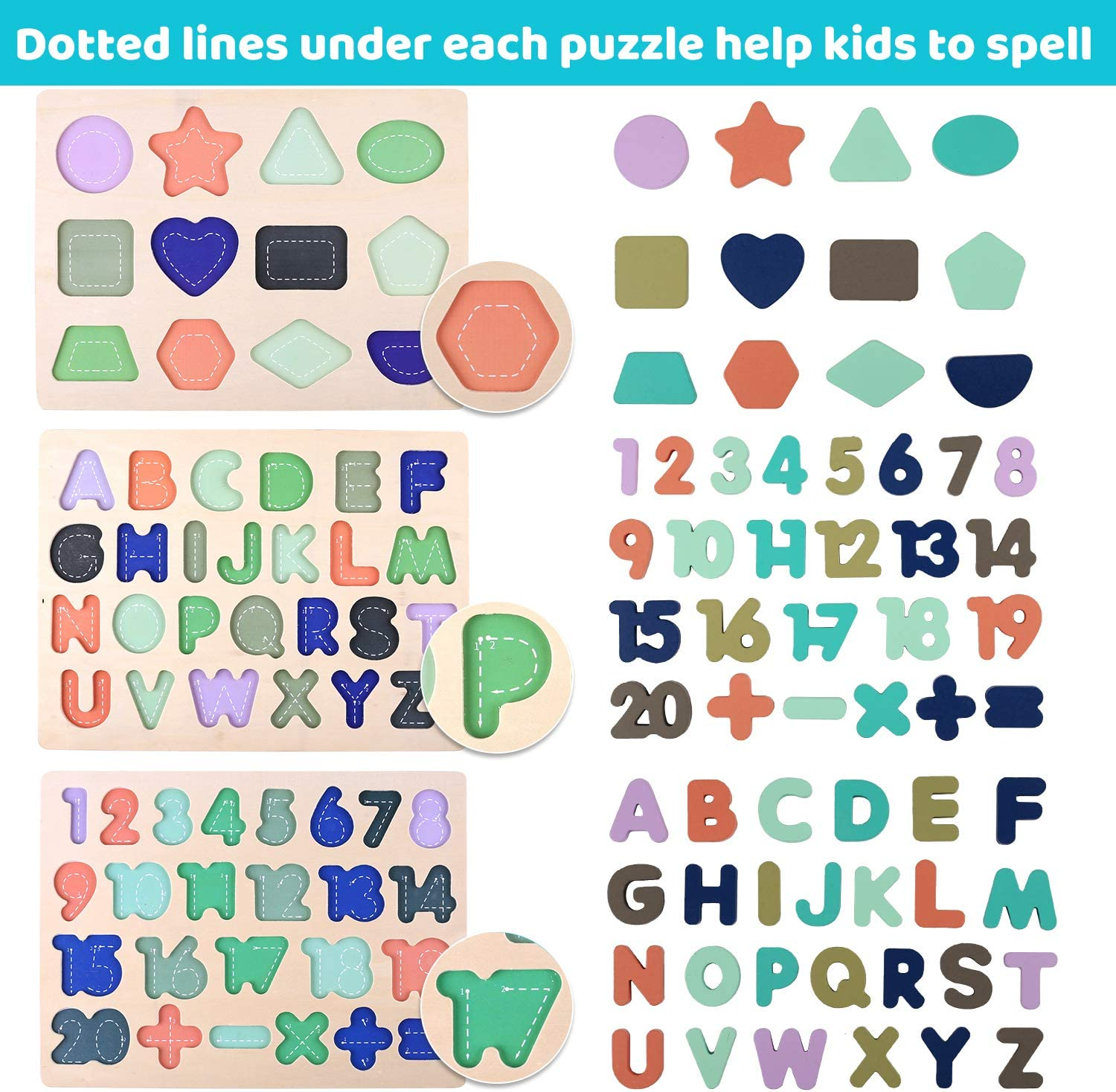 Building Blocks Wooden Puzzles for Toddlers, Wooden Alphabet Number Shape Learning Puzzles for Kids, Preschool Educational Toys Boys Girls Ages 3 4 5 6 Years Old image number 1