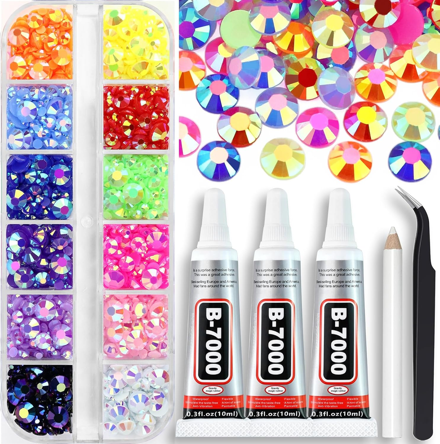 Towenm B7000 Clear Glue with 4000PCS Transparent AB Rhinestones for Crafts Clothing Fabric Shoes, Glue Fix Flatback Gems for Nails Face Jewelry, Mixed 5 Sizes 2Mm-6Mm Diamond Gemstones Bejeweled Kit