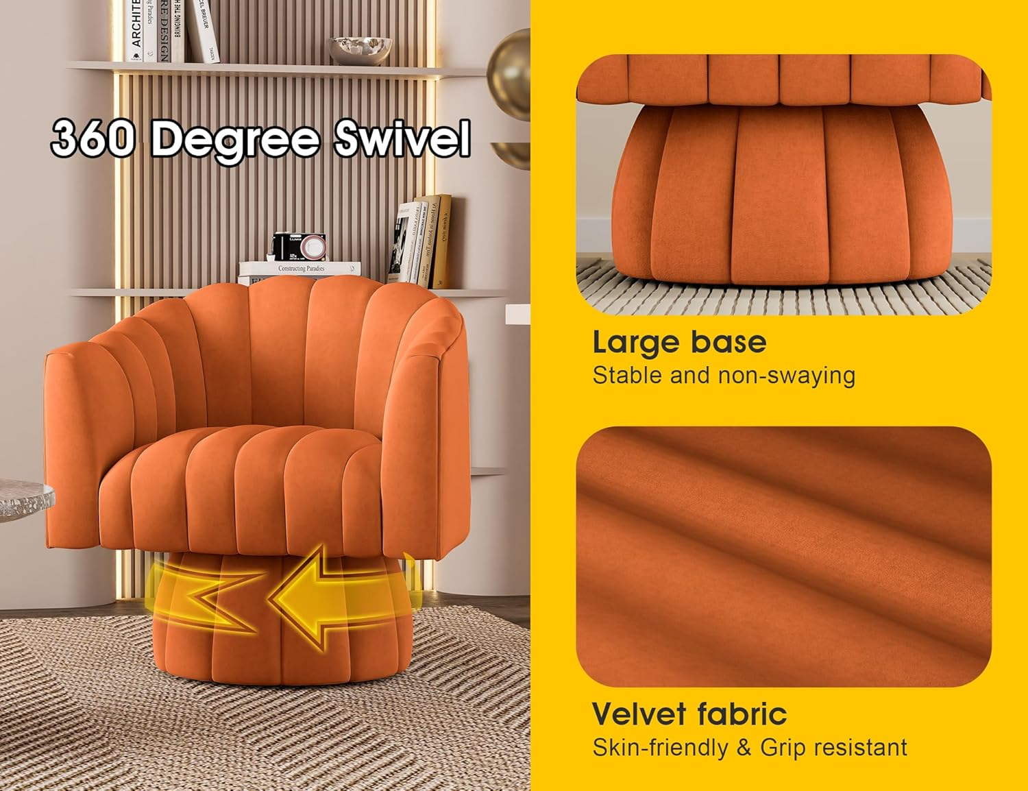 SEYNAR Mid Century 360 Degree Swivel Cuddle Barrel Accent Sofa Chairs, round Armchairs with Wide Upholstered, Fluffy Velvet Fabric Chair for Living Room, Bedroom, Office, Waiting Rooms, (Orange) image number 1