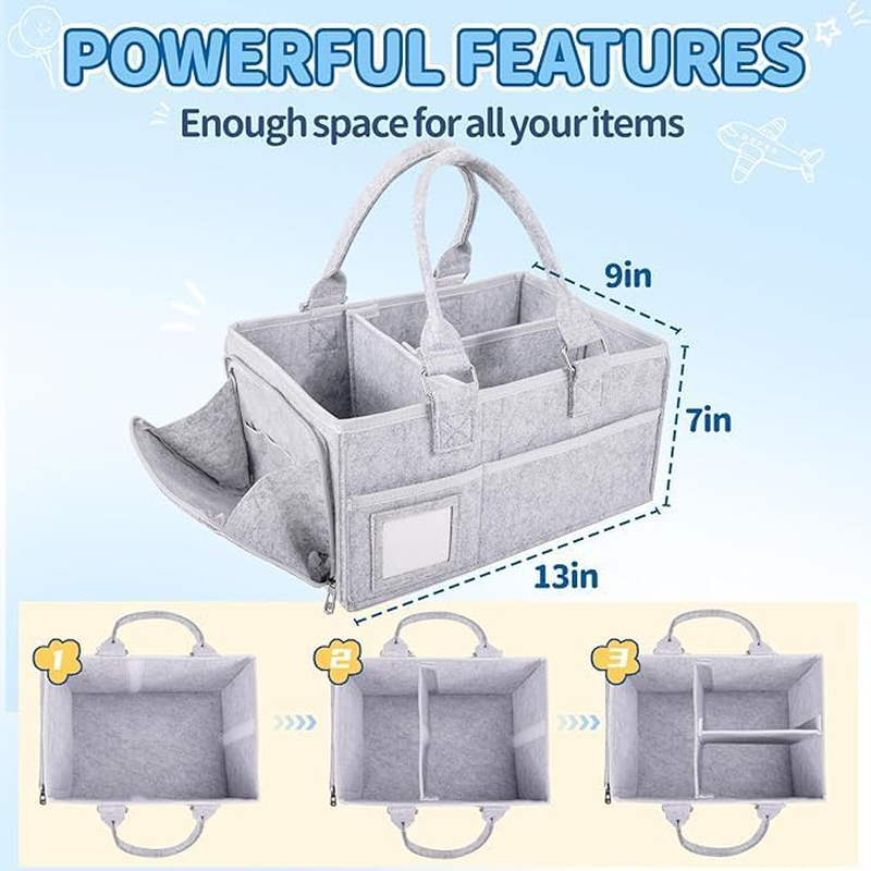 LEHEGONGBA Diaper Caddy Organizer Large Size 38X26X18Cm Baby Nappy Caddy Premium Leather Handles Multi Pocket Grey Nursery Storage Portable Baby Essentials Tote Bag image number 3