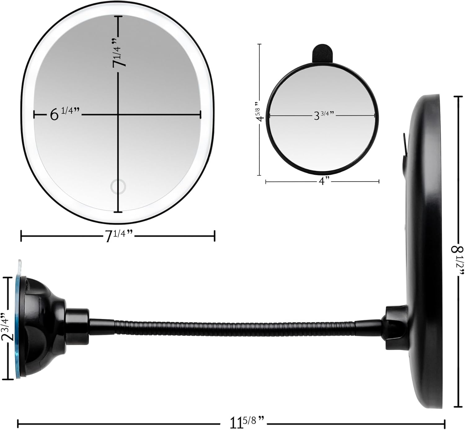 OVENTE 9'' Rechargeable Lighted Wall Mount Makeup Mirror for Bathroom with Mini Magnetic 10X Magnifying Mirror, Touch Screen Dimmable LED Lights, Flexible Gooseneck and Suction Mounting, Black MOW22B image number 3
