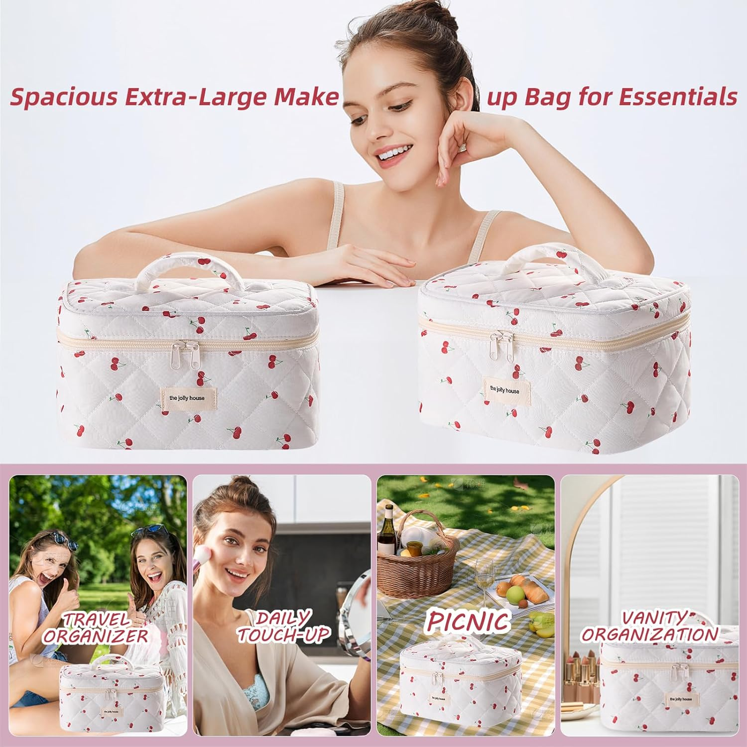 Quilted Cosmetic Bag Large Capacity Travel Cosmetic Bag for Women and Girls, Aesthetic Storage for Daily and Travel (Red Bigcherry)