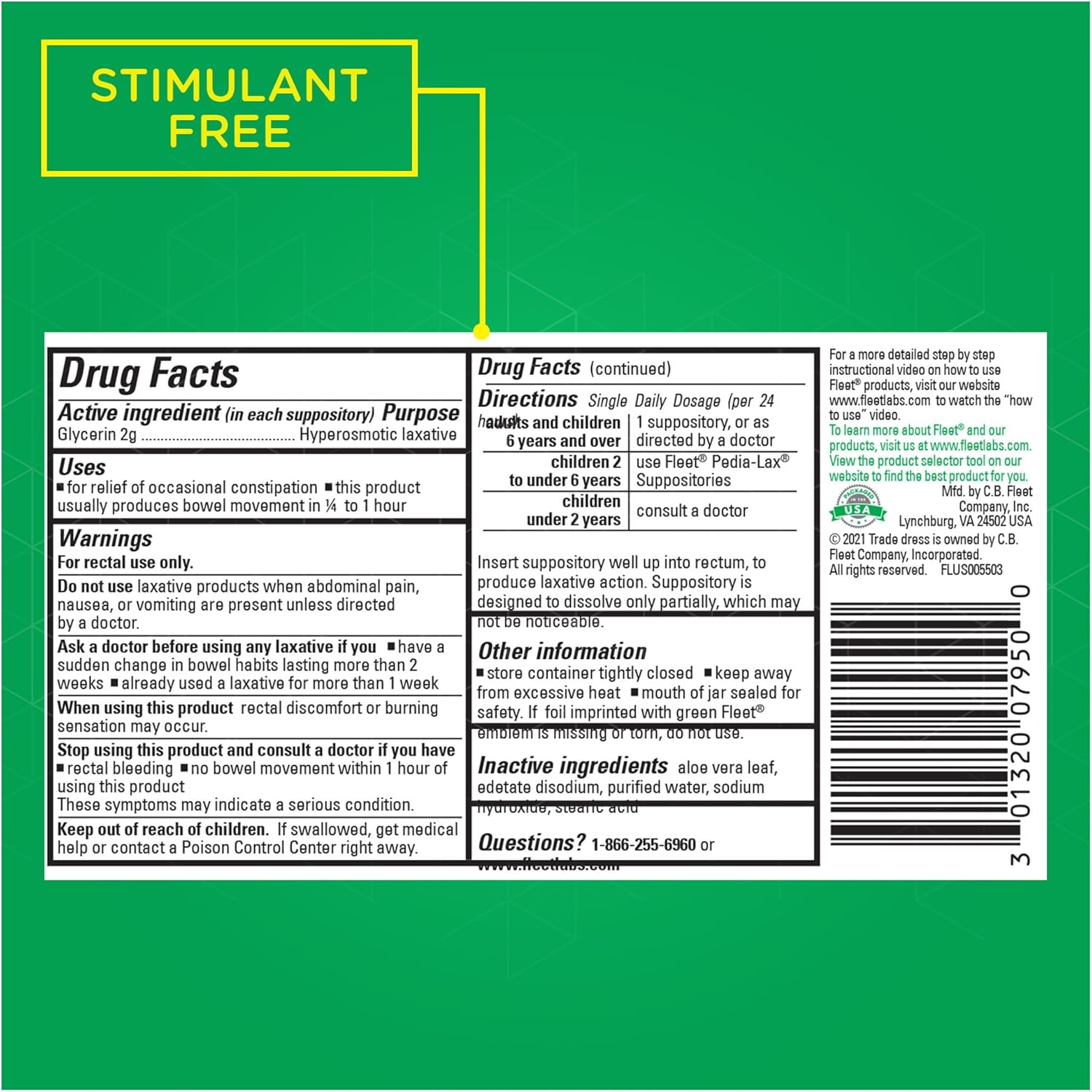 Fleet Glycerin Suppositories Adult Laxative Jar, 50 Each image number 3