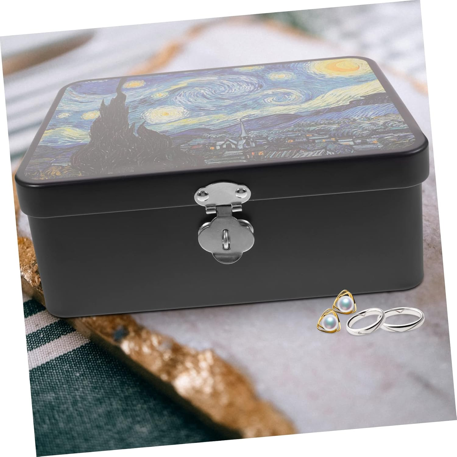 Vintage Medium Tinplate Storage Box Lock Decorative Lockable Small Metal Organizer Case for Home Desktop Keepsake and Jewelry Storage image number 5