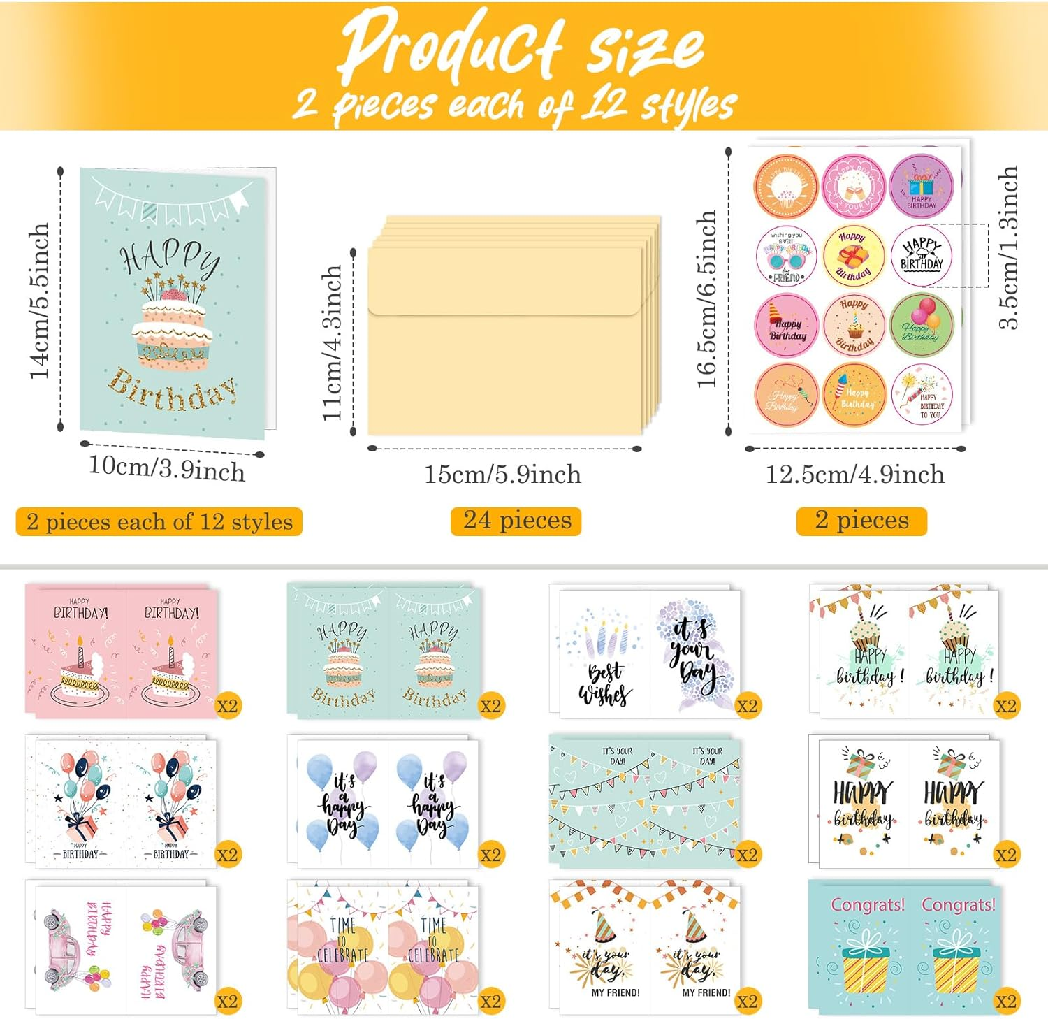 Bighan 24 Pcs Birthday Cards Assortment, Happy Birthday Card Anniversary Cards for Kids Men and Women Family with 24 Pcs Envelopes and 2 Stickers