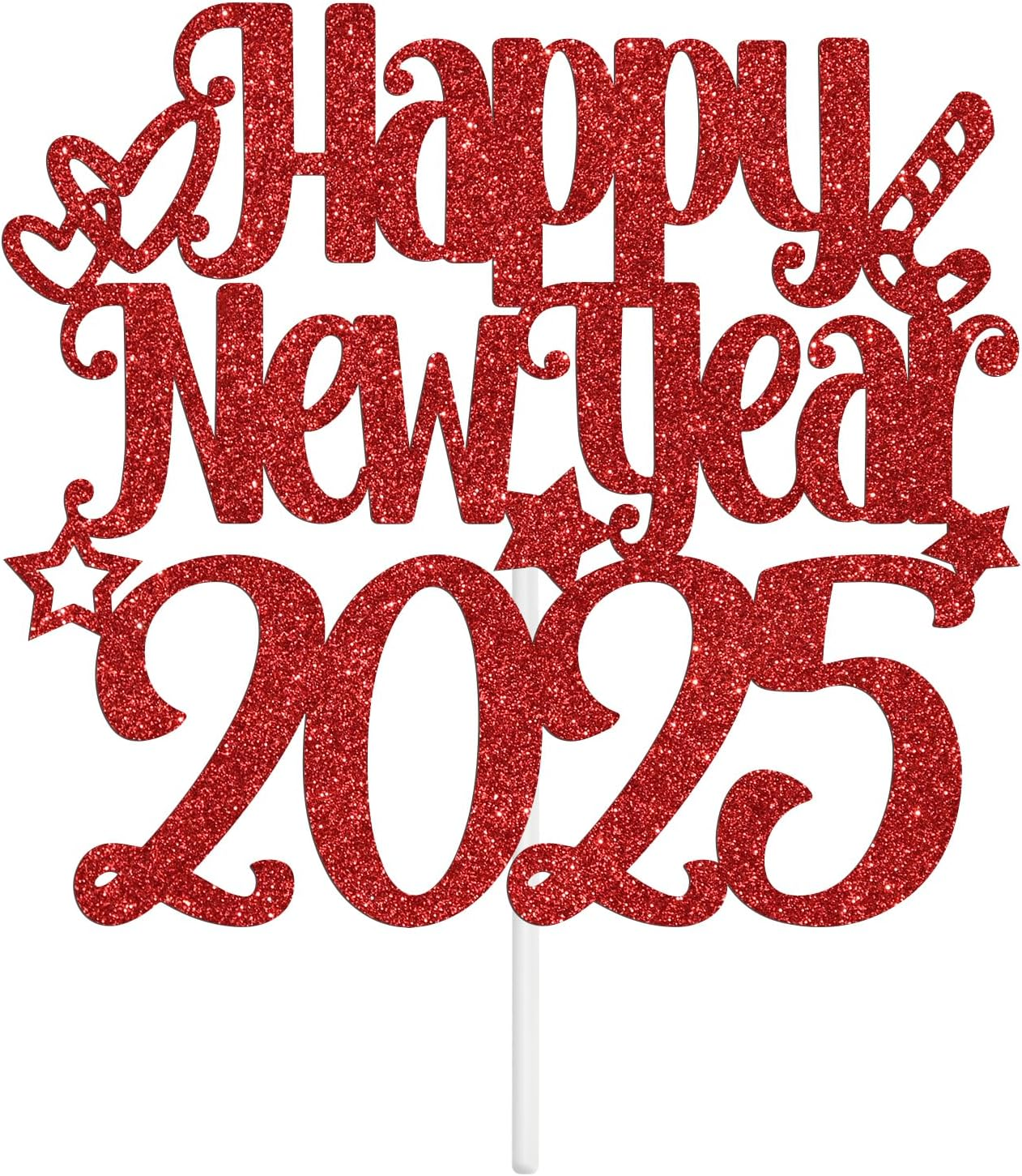 Happy New Year 2025 Cake Topper, Happy Holiday/Merry Christmas Cake Decor, New Year'S Eve Festival Party Decoration Suppllies, Red Glitter image number 1